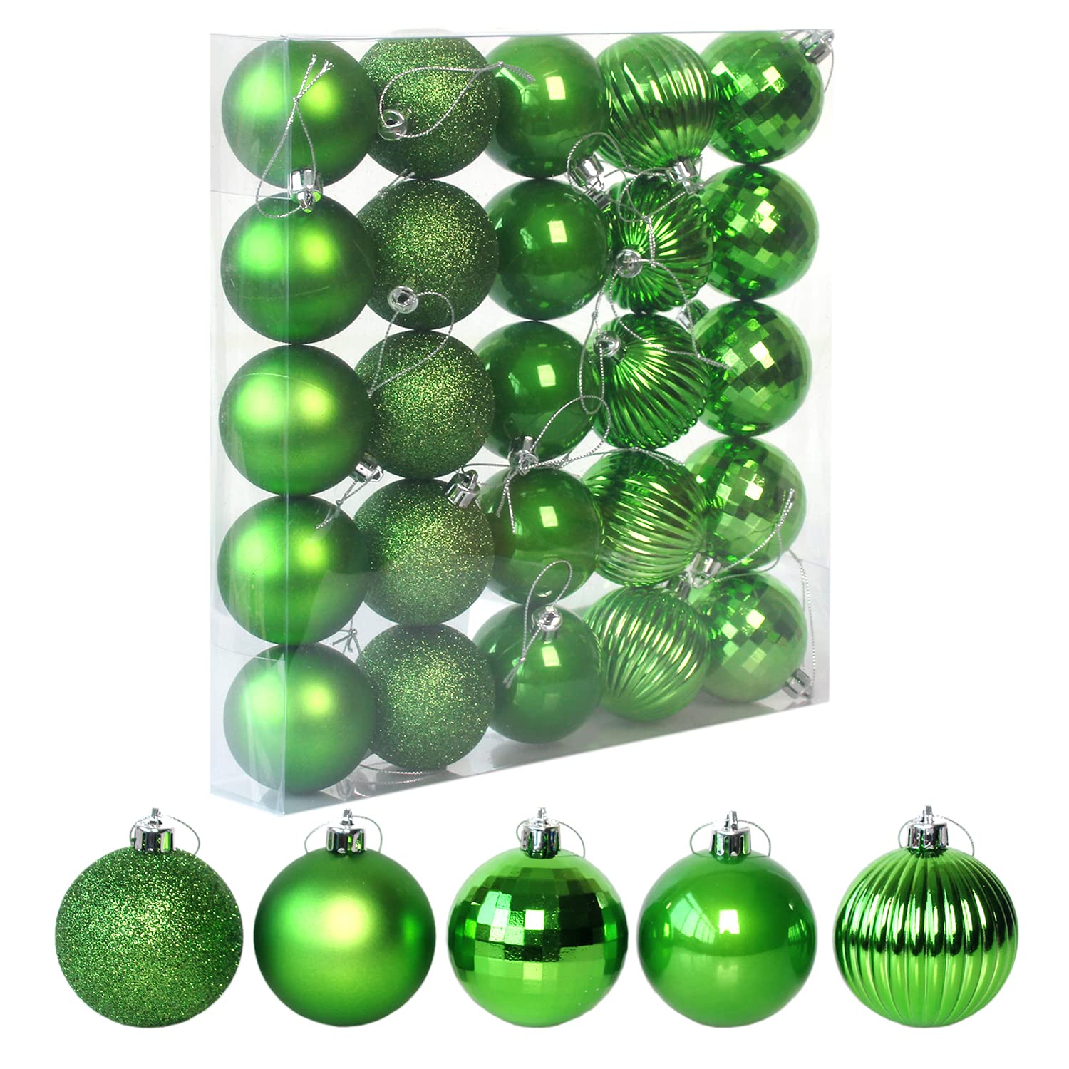 25 Pack Christmas Ball Ornaments - 2.36 Inch (60mm) Green Hanging Tree Decorations, 5 Styles Holiday Party Decor - Perfect for Christmas Trees, Wreaths & Festive Home Decorations