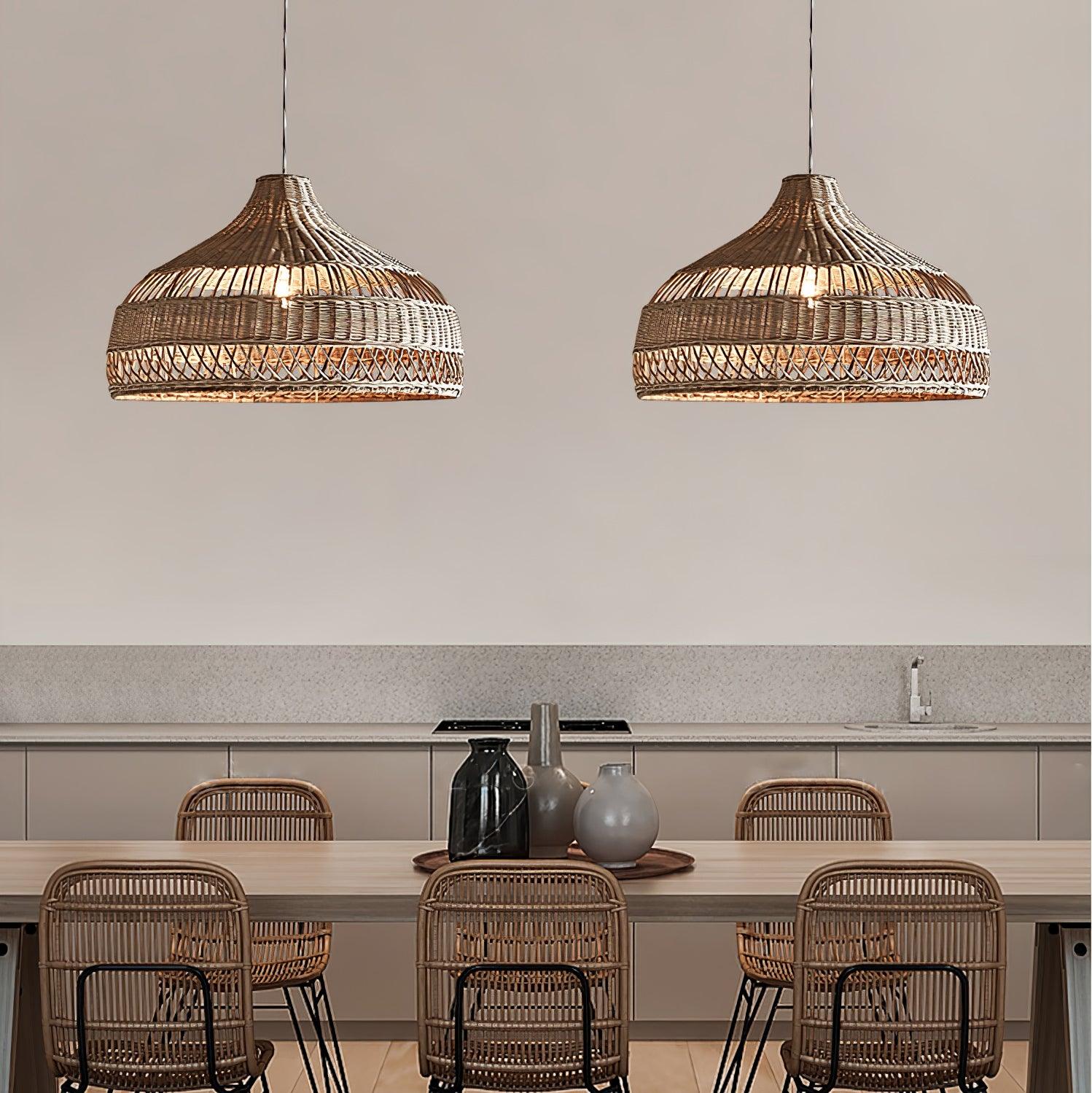 Handwoven Rattan Dome Pendant Light - Boho Chic Ceiling Fixture for Living Room, Bedroom & Dining Area