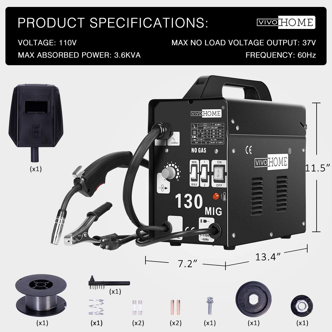 VIVOHOME 130 Amp MIG Welder with Flux Core Wire, Automatic Feed, No Gas Required, 110V Portable Welding Machine - Perfect for DIY, Home Repairs, Metal Fabrication & Automotive Projects (Includes Free Welding Mask) - Black