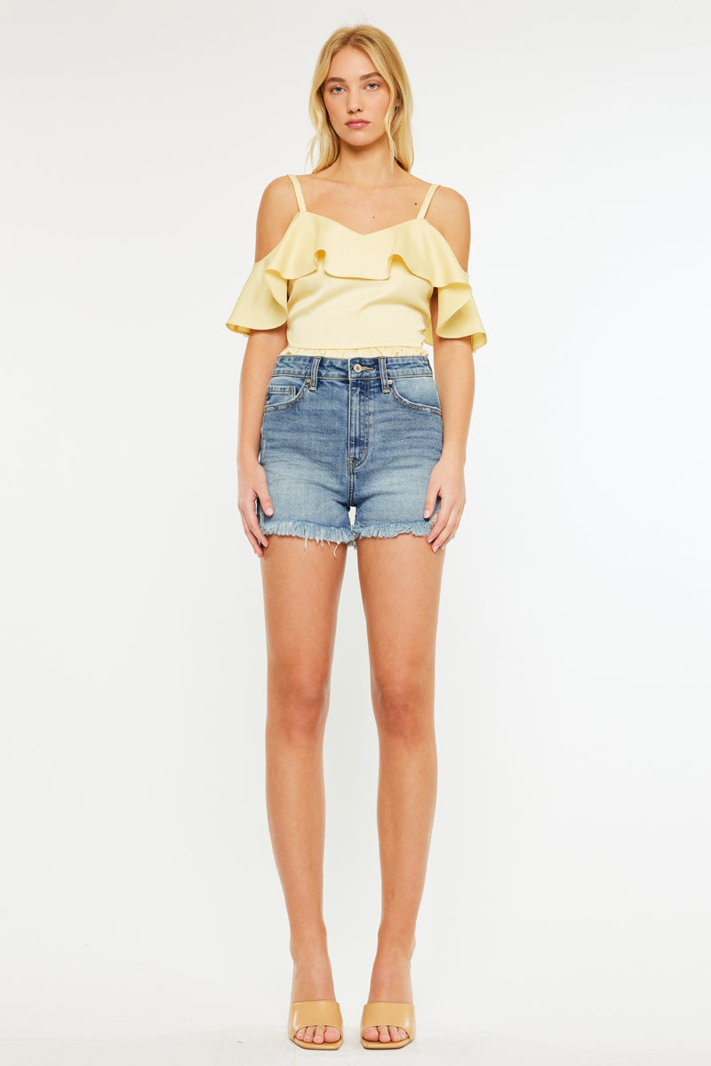 Linden High Rise Shorts for Women - Comfortable Stretchy Denim Shorts with Pockets | Perfect for Summer, Travel, and Casual Outfits