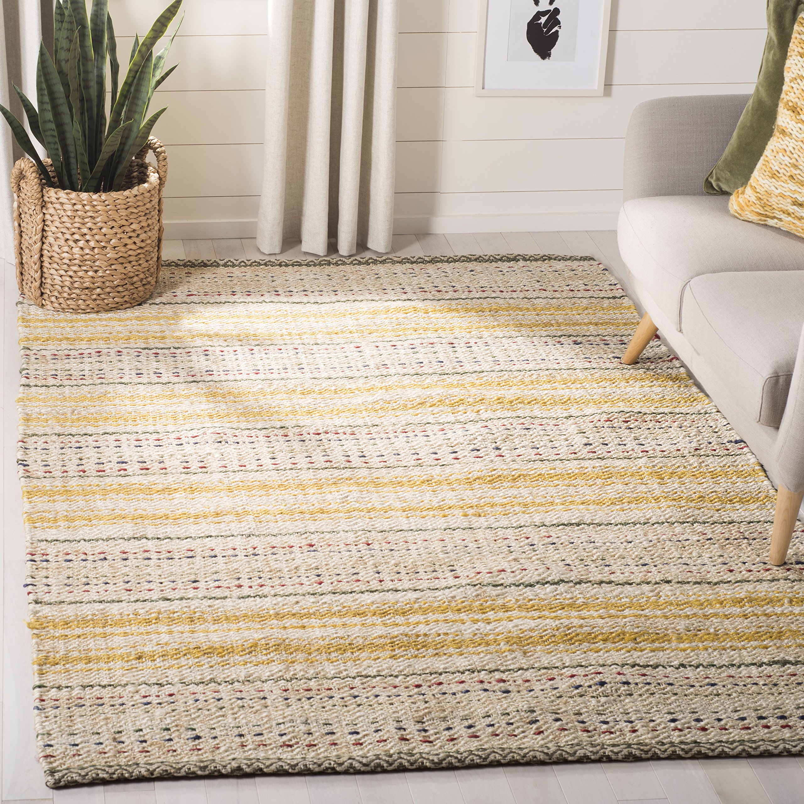 SAFAVIEH Handmade Natural Jute Area Rug 8' x 10' - Ivory & Gold Striped Design, Durable for High Traffic Areas | Perfect for Living Room, Bedroom & Home Decor | NF202A