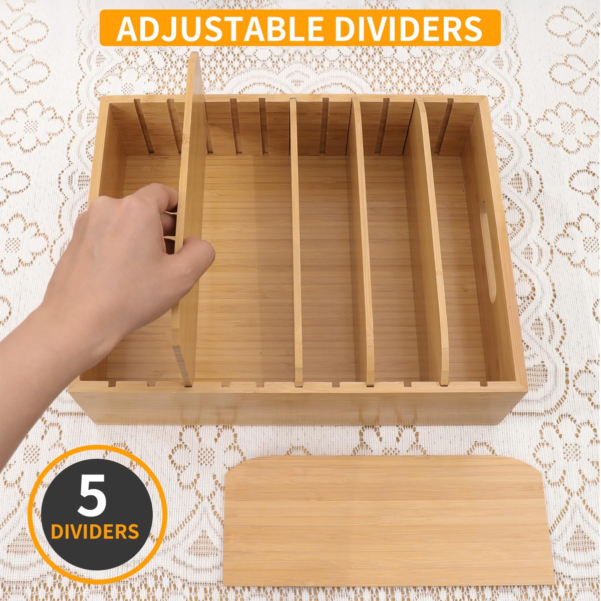 2 Pack Bamboo Lid Holder Food Container - Adjustable Kitchen Organizer with 5 Dividers for Cabinet Storage | Perfect for Pantry, Spice Jars & Food Container Lids Organization | Space-Saving Kitchen Gadget for Home & Restaurant Use