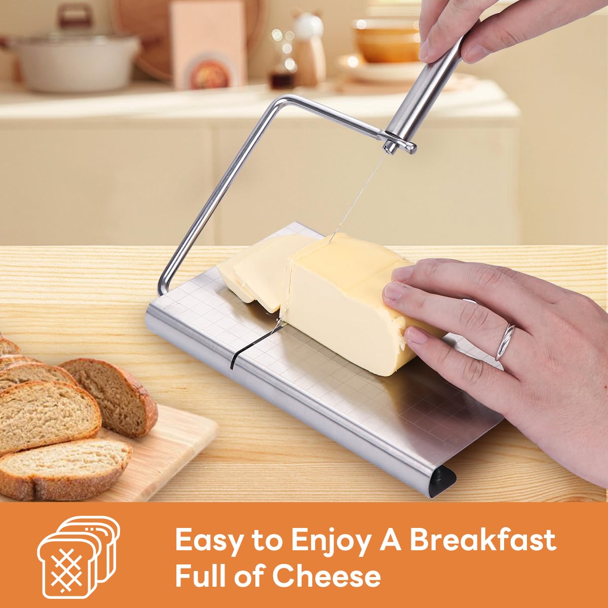 Premium Stainless Steel Cheese Slicer with Wire Cutter - Heavy Duty Cheese Board for Block Cheese, Includes 3 Extra Replacement Wires - Perfect for Kitchen, Party Platters & Charcuterie Boards