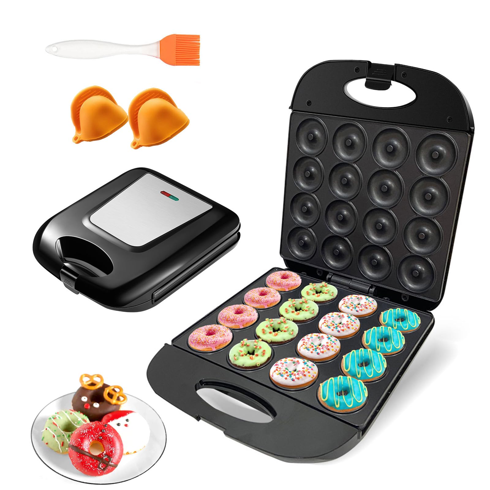 2025 Mini Donut Maker Machine - 16-Hole Electric Donut & Pancake Maker for Home Use, Non-Stick Surface, Kid-Friendly Design with Mini Oven Gloves & Brush (Black) - Perfect for Breakfast, Snacks, Birthday Parties & Family Baking Activities