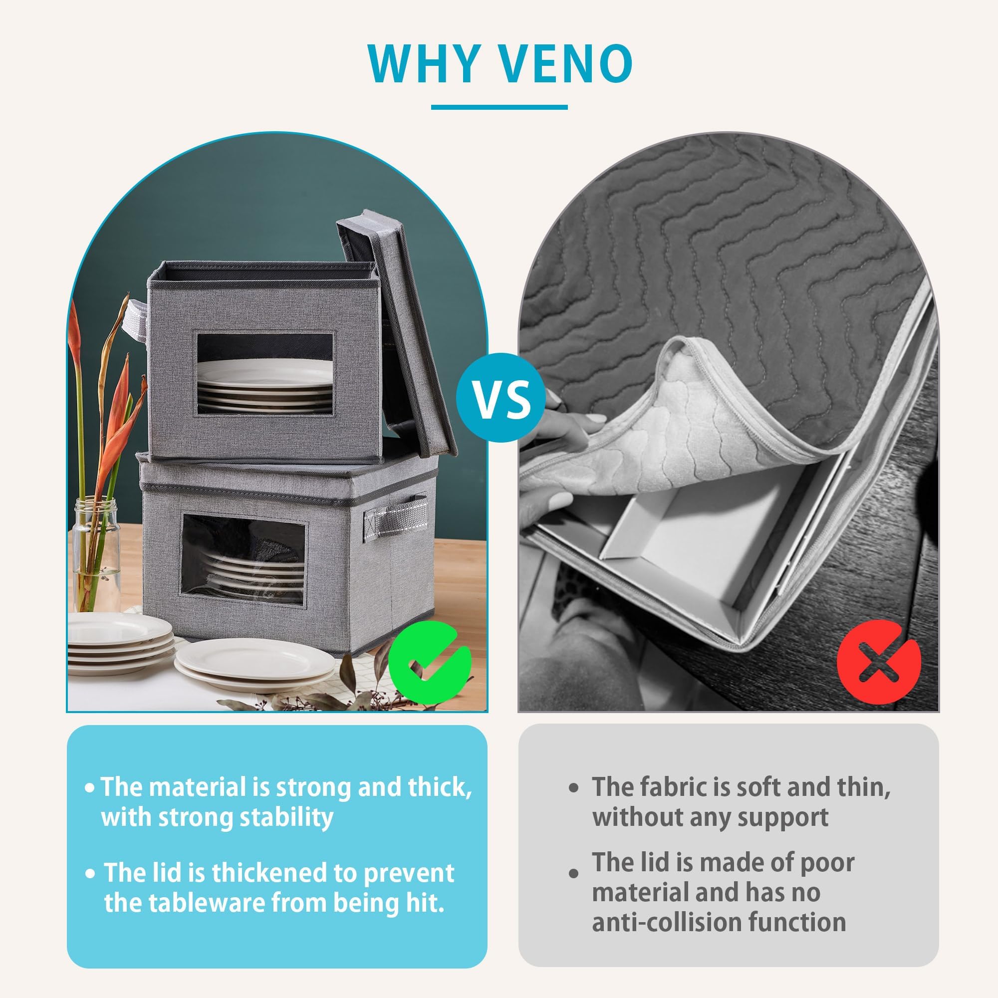 VENO 4-Size Dish Storage Containers - Hard Shell Plate Organizer for Moving & Packing (48 Plates) - Perfect for Kitchen & Holiday Storage