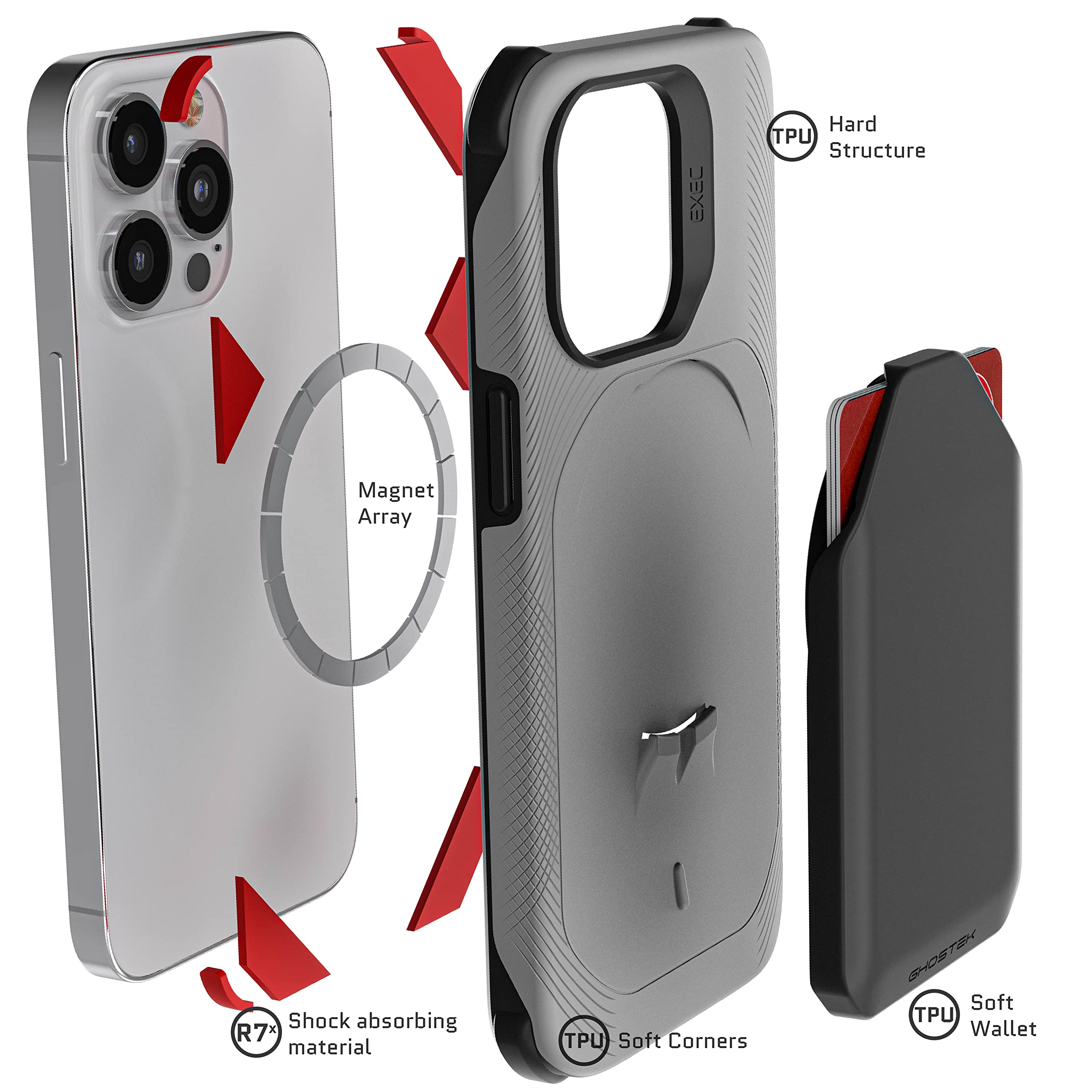 Ghostek EXEC iPhone 13 mini Case Wallet - Detachable Credit Card Holder, MagSafe Compatible, Magnetic Car Mount Support - Protective Cover for 2021 Apple iPhone 13 mini (5.4 inch) - Gray - Perfect for Daily Use, Travel & Hands-Free Driving