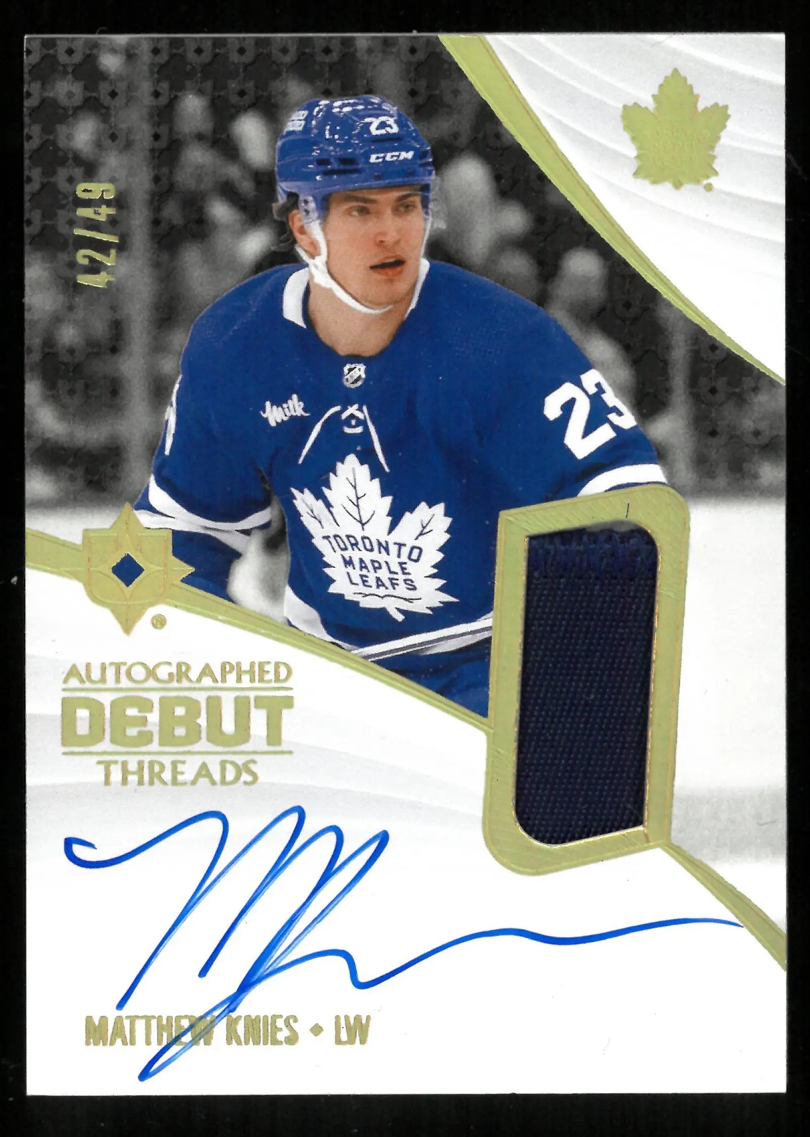 2023-24 Upper Deck Ultimate Collection Matthew Knies Rookie Card Debut Threads Gold Autograph /49 - Perfect for Hockey Card Collectors & Sports Memorabilia Enthusiasts