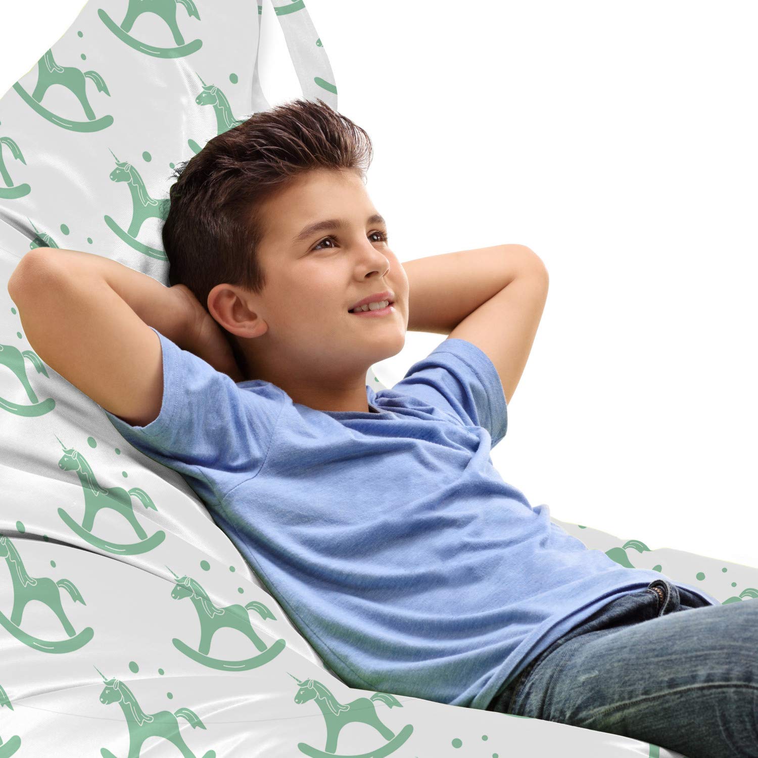 Ambesonne Monochrome Rocking Unicorn Lounger Chair Bag - High Capacity Storage with Handle, Almond Green & White - Perfect for Kids' Room, Nursery Decor, and Outdoor Picnics