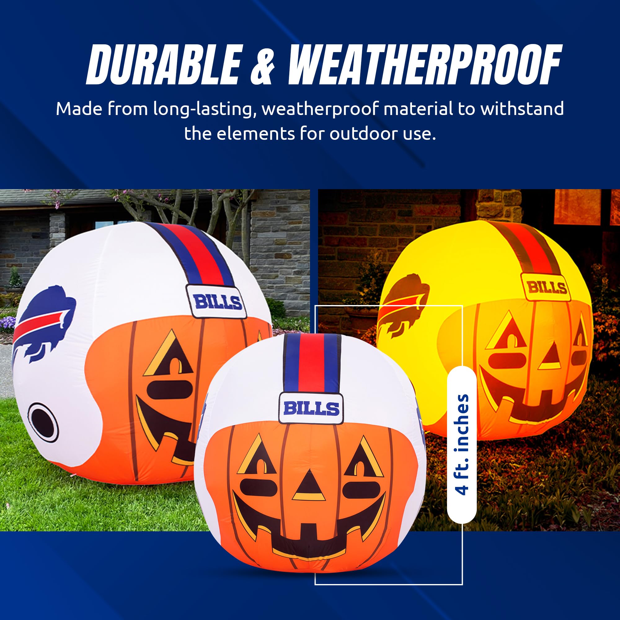 NFL Buffalo Bills 4ft LED Inflatable Jack-O'-Helmet with Built-in Blower - Halloween Outdoor Decor for Lawn, Front Yard, Backyard Parties & Game Day Celebrations