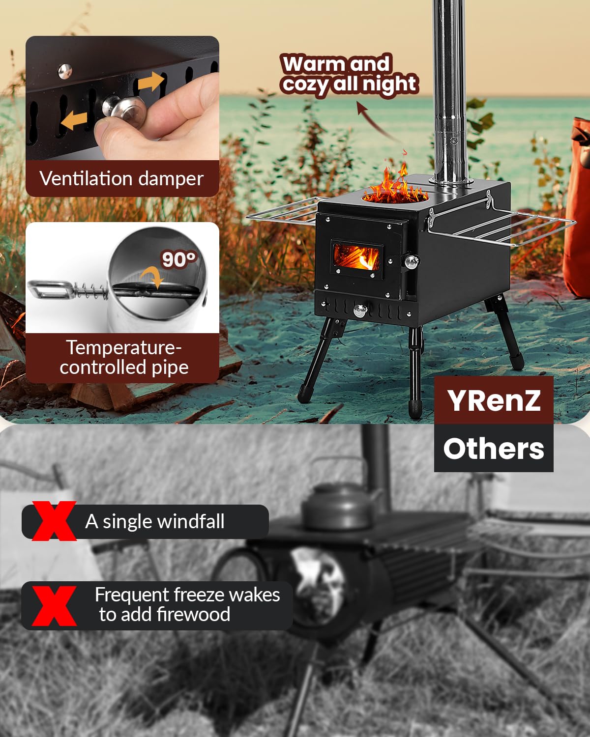 Portable Wood Burning Stove for Camping & Outdoor Cooking - YRenZ Tent Stove with Adjustable Heat Control, Stovepipe & Elbow Pipe - Perfect for Backpacking, Hunting, Ice Fishing & Emergency Heating