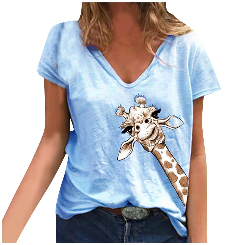 Lozeny Women's Giraffe Print V-Neck Short Sleeve T-Shirt - Soft Casual Summer Top for Women, Perfect for Beach Outings, Weekend Wear & Casual Office Outfits