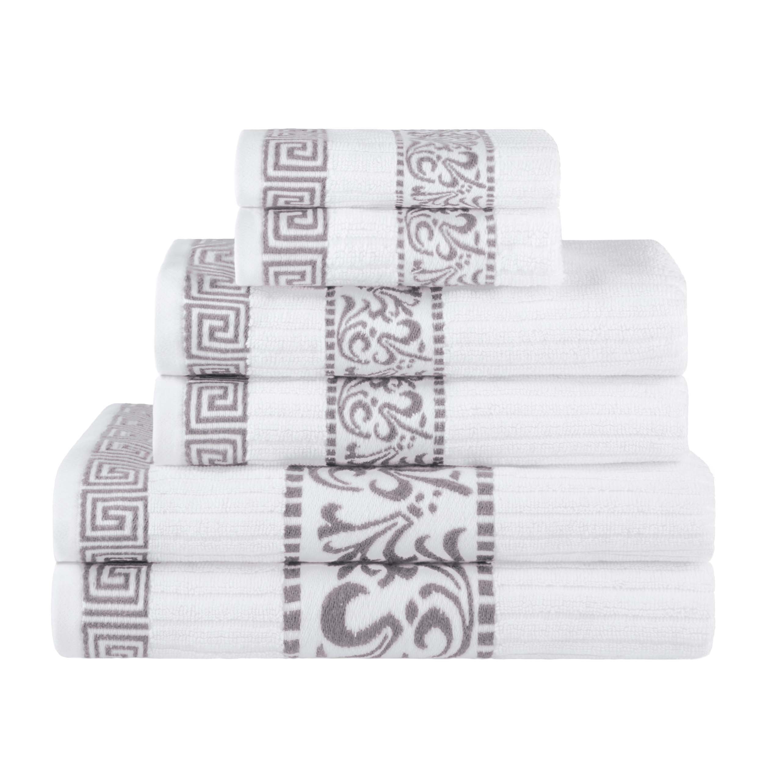 Athens Cotton Greek Scroll and Floral 6-Piece Bath Towel Set - Soft & Absorbent for Bathroom, Spa, and Beach Use