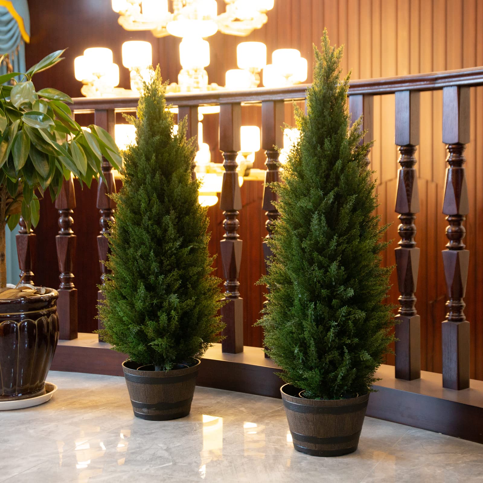 3.5ft Artificial Cedar Topiary Tree Potted Plants - UV Resistant Faux Greenery for Indoor & Outdoor Decor - 2 Pack Set - Perfect for Home, Office, Garden, and Patio Decoration