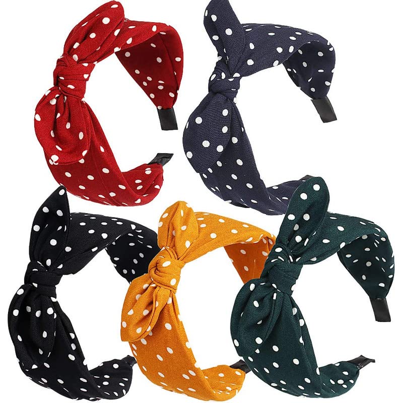 Trendy Club Polka Dot Bunny Ears Headband with Bow - Adjustable Vintage Wide Hairband for Women & Girls (5 Pack) - Perfect for Cosplay, Halloween, Easter, Themed Parties & Daily Fashion Accessories