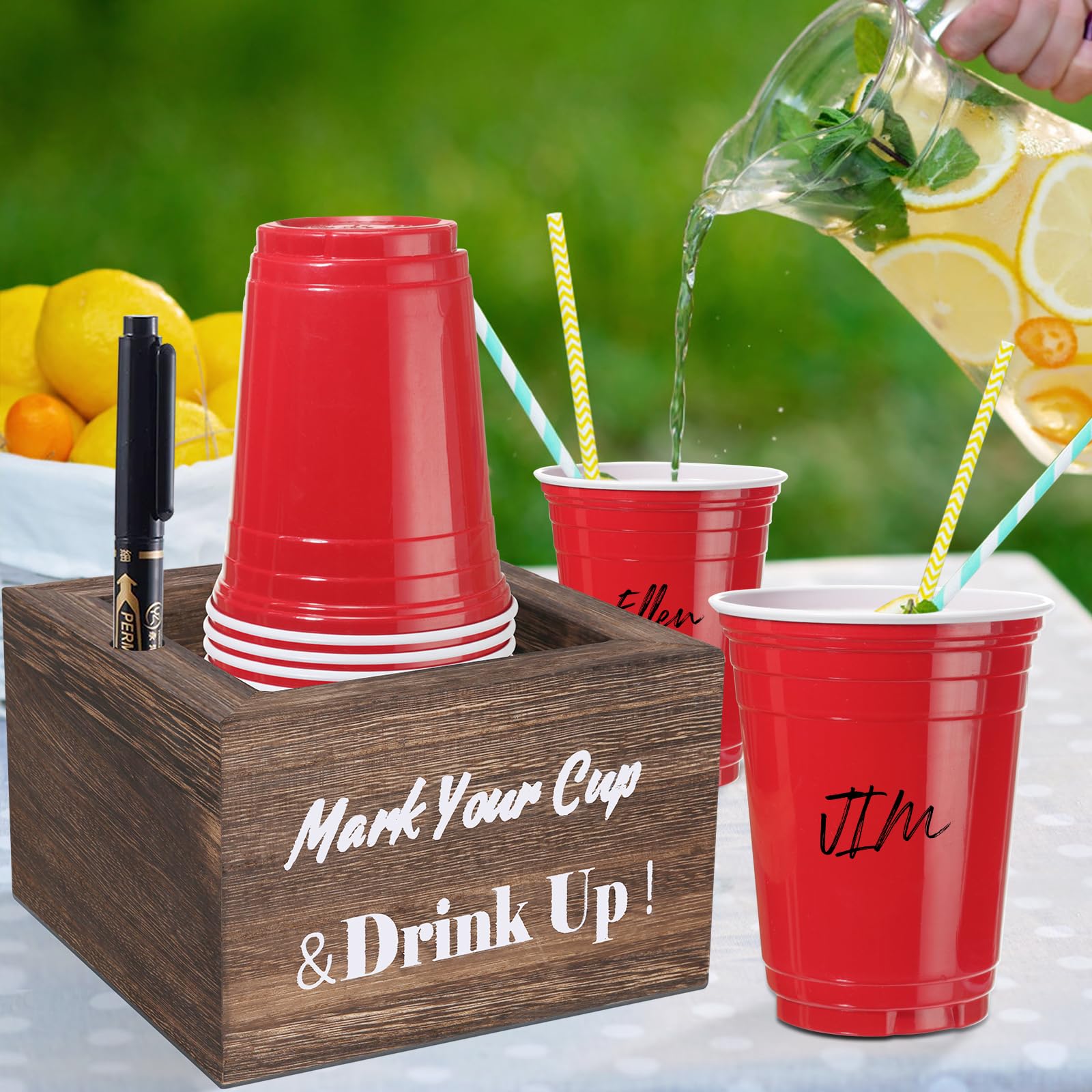 Rustic Wooden Cup Holder with Marker Slot - Disposable Party & Wedding Cup Holder for Bar, Kitchen, Countertop, Home & Office - Perfect for Events, BBQs, and Outdoor Gatherings (Brown)