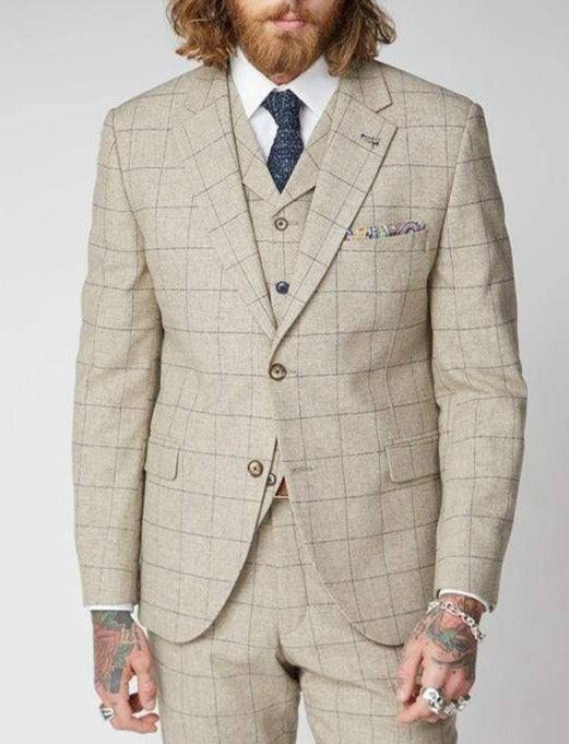 Gibson Wylam Stone Windowpane 3 Piece Tweed Suit for Men - Classic British Style Wool Blazer, Vest & Pants Set - Perfect for Weddings, Business Meetings & Formal Events