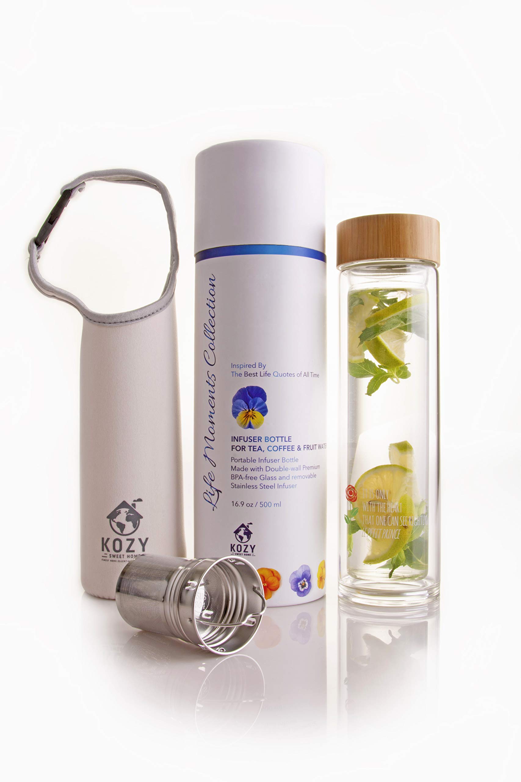 Kozy Kitchen Double Wall Glass Tumbler with Stainless Steel Infuser - Insulated for Hot & Cold Drinks - Perfect for Tea, Coffee, Fruit Infused Water - Includes Strainer & White Sleeve (Le Petit Prince Design) - Ideal for Office, Travel, and Home Use