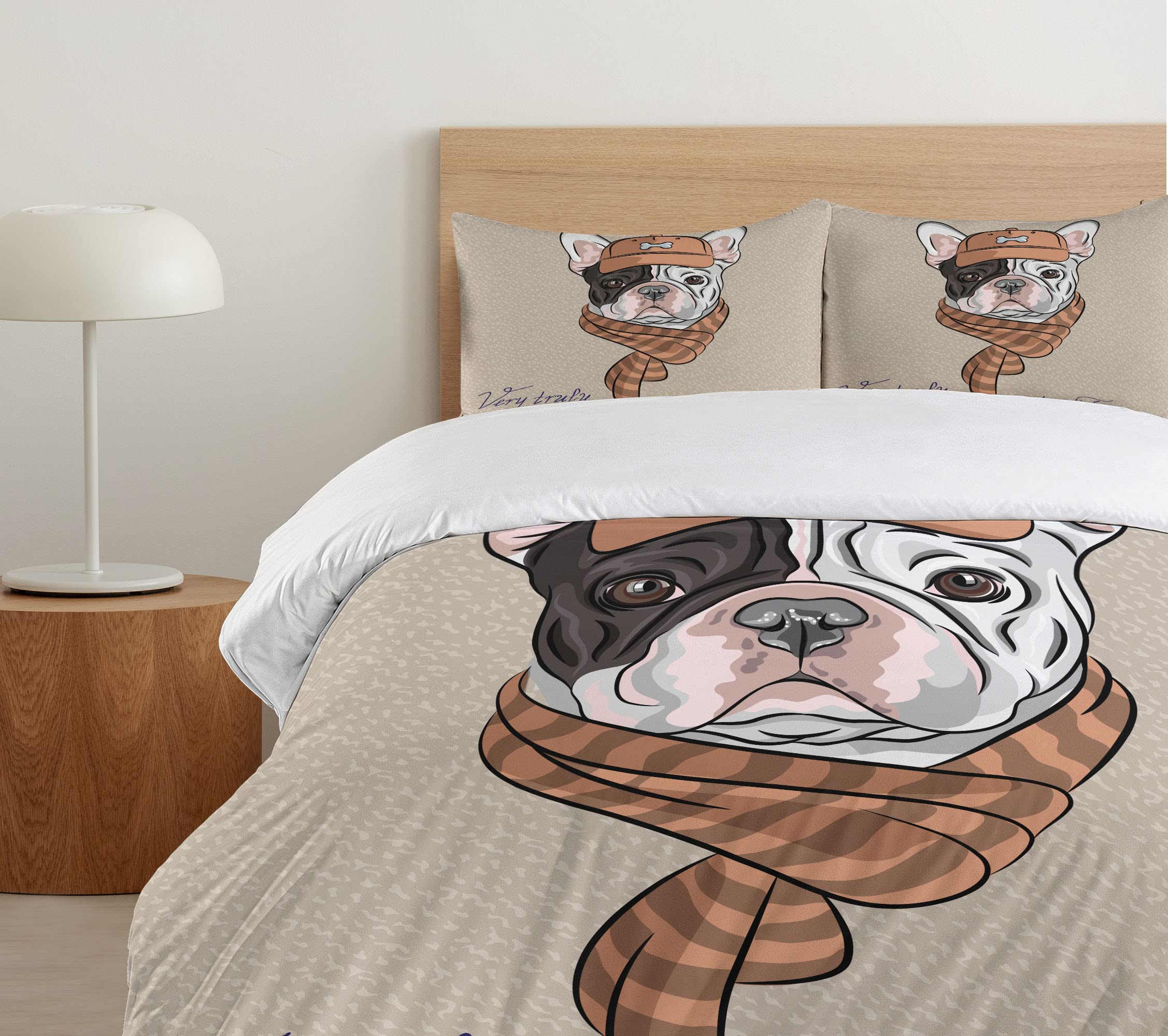Ambesonne Dog Duvet Cover Set - Cartoon Bulldog with Cap & Scarf French Fashion Print, 3-Piece Queen Size Bedding Set with 2 Pillow Shams in Tan & Brown | Perfect Gift for Dog Lovers, Cozy Bedroom Decor for Winter