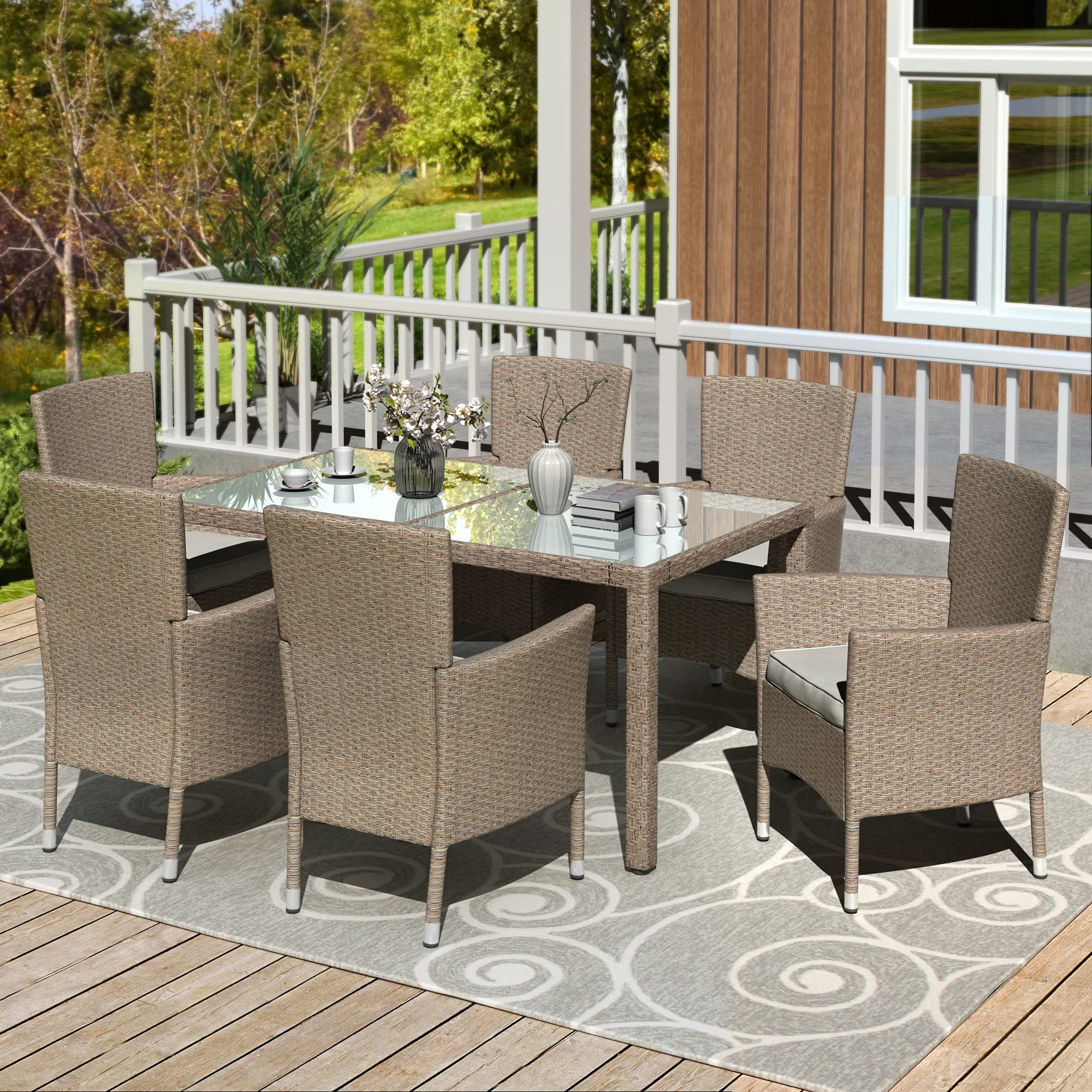7-Piece Brown Wicker Patio Dining Set with Table, Chairs & Beige Cushions - Outdoor Rattan Furniture for Garden, Backyard, Poolside Dining