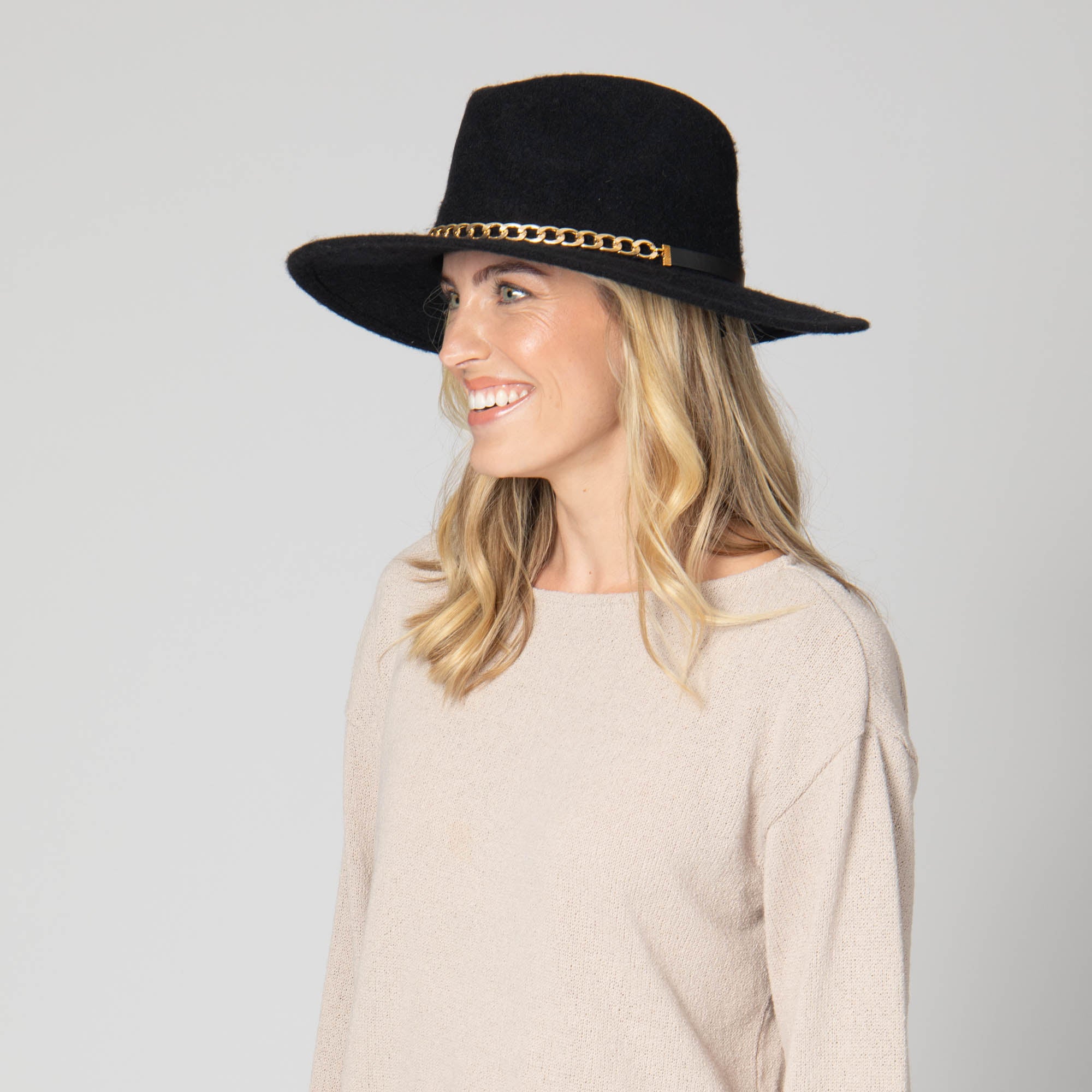 Jolene Wool Blend Fedora Hat with Gold Chain Trim - Stylish Women's Winter Fashion Accessory for Outdoor Events and Travel