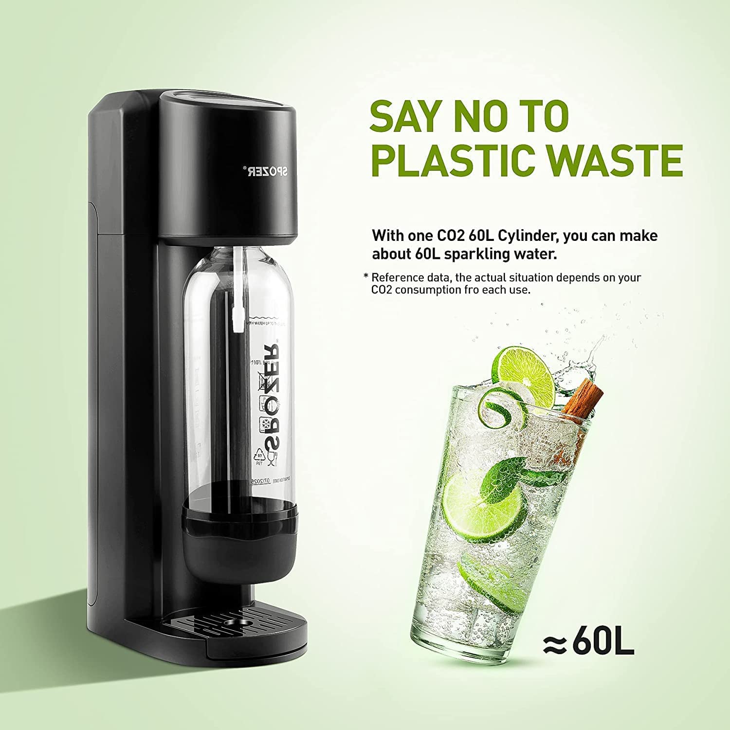 Spozer Sparkling Water Maker - Soda Machine for Carbonated Drinks with 1L BPA-Free Reusable Bottle & 60L CO2 Cylinder | Perfect for Home, Office, Parties & Healthy Hydration