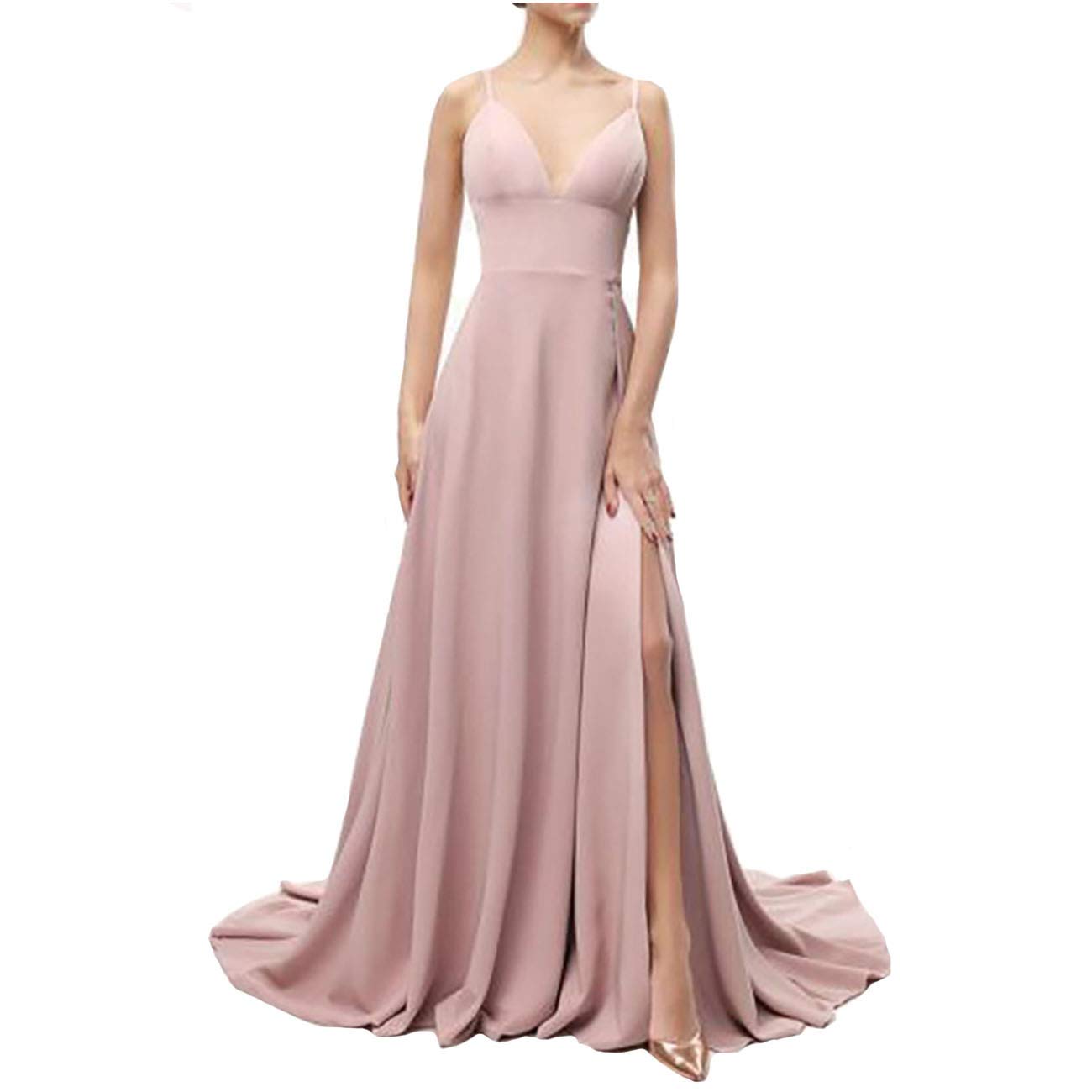 IVYPRECIOUS V-Neck A-Line Chiffon Prom Dress with Side Slit & Sweep Train - Elegant Evening Gown for Homecoming, Wedding Guest, Cocktail Party & Formal Events