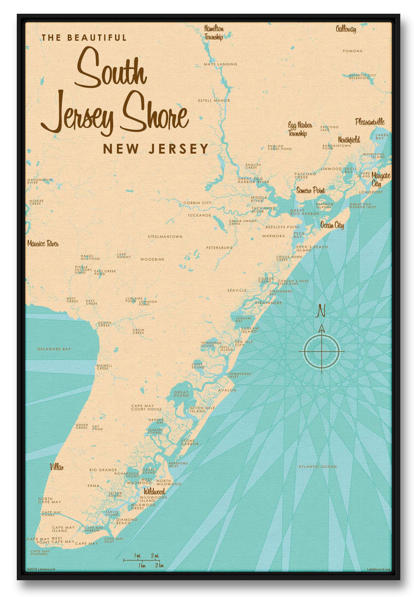 Vintage-Style South Jersey Shore Map - Framed Giclee Archival Canvas Wall Art (24x36 inches) for Living Room, Office & Beach House Decor - Coastal Home Decor by Lakebound