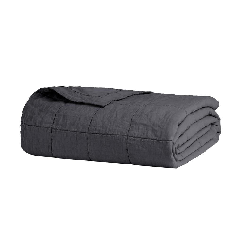 Premium French Flax Linen Quilted Coverlet - Charcoal Gray Bedspread by Bambury | Breathable & Lightweight Summer Bedding for Master Bedroom & Guest Room