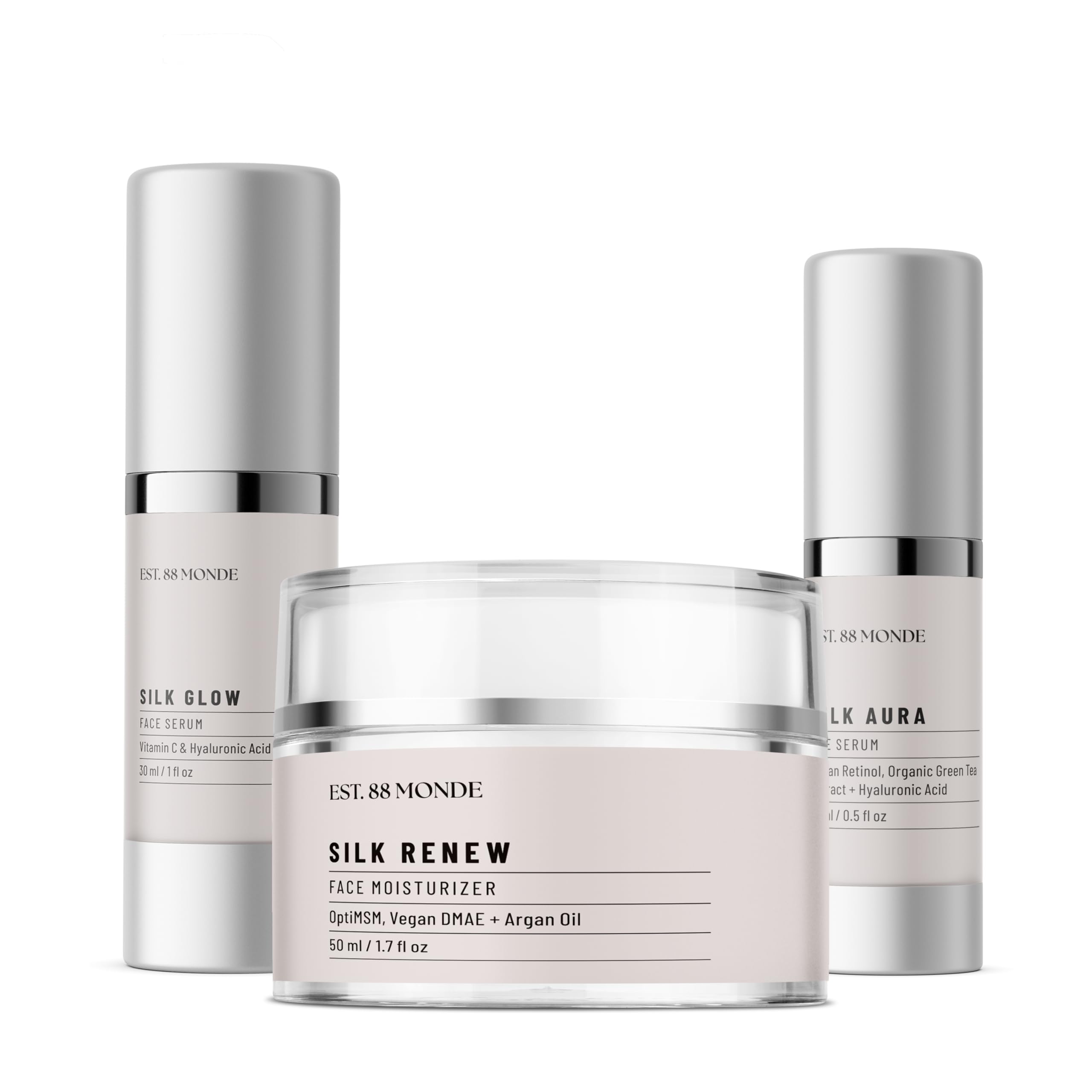 EST. 88 Monde Silk Renew Face Moisturizer 1.7 Fl. Oz, Silk Glow Face Serum 1.7 Fl. Oz & Silk Aura Eye Serum 0.5 Fl. Oz Skincare Bundle - Hydrating Anti-Aging Trio with Argan Oil, Hyaluronic Acid & Vegan Retinol for Dry, Sensitive & Mature Skin - Day & Night Routine Essentials