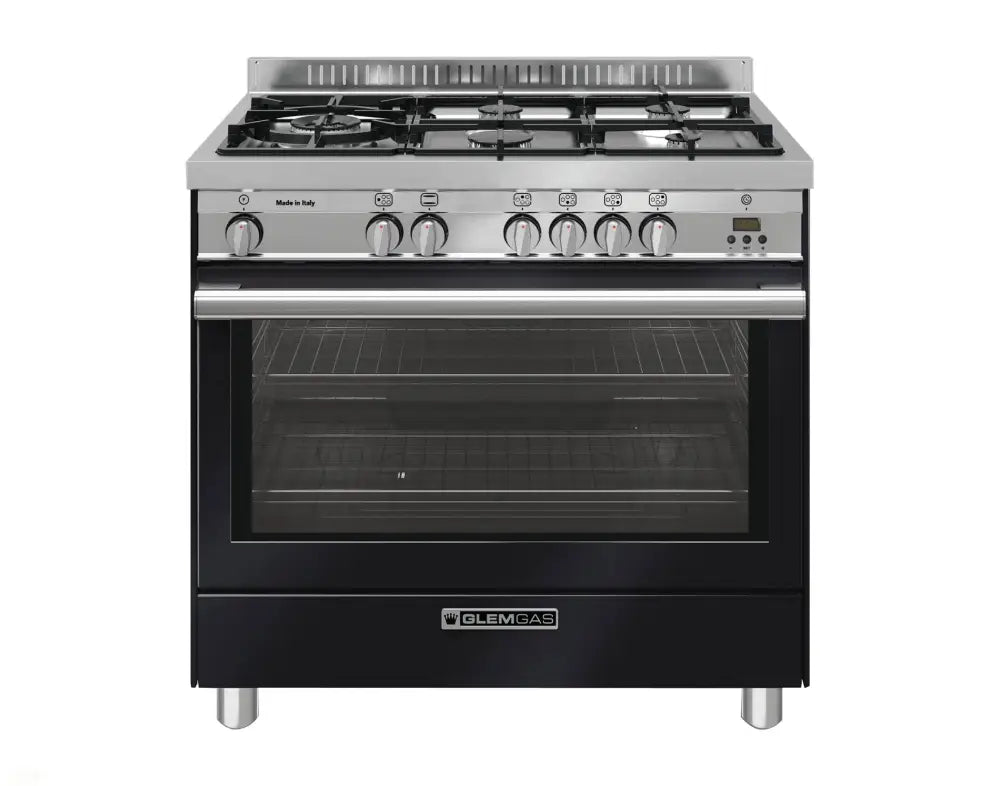 Glem GS965GGN 90cm Gloss Black Gas Oven with Fan Assisted Cooking - Perfect for Baking, Roasting & Family Meals in Modern Kitchens