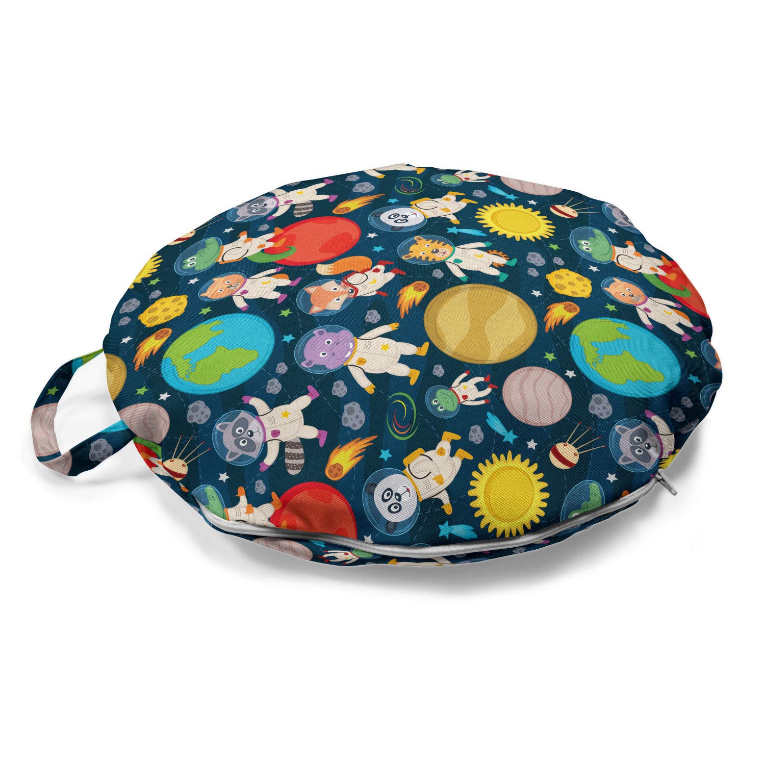 Ambesonne Space Round Floor Cushion with Handle - Funny Astronauts & Planets Design - 18