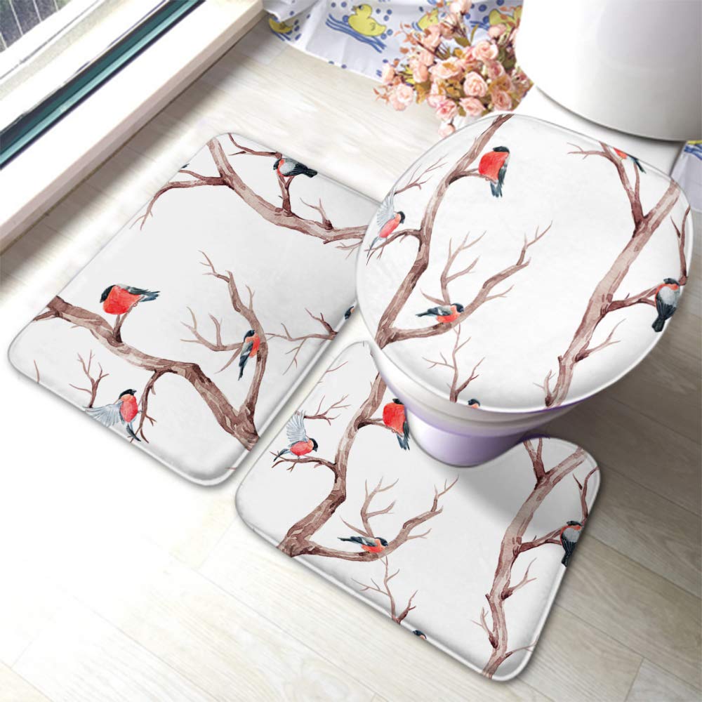 Beabes Bird Tit & Bullfinch Bathroom Mat Set - 3-Piece Non-Slip Toilet Rug with Autumn Birch Watercolor Design, Winter-Themed Anti-Skid Bath Mat for Bathroom & Dining Room - Soft Polyester Floor Mat for Home Decor & Cozy Winter Ambiance
