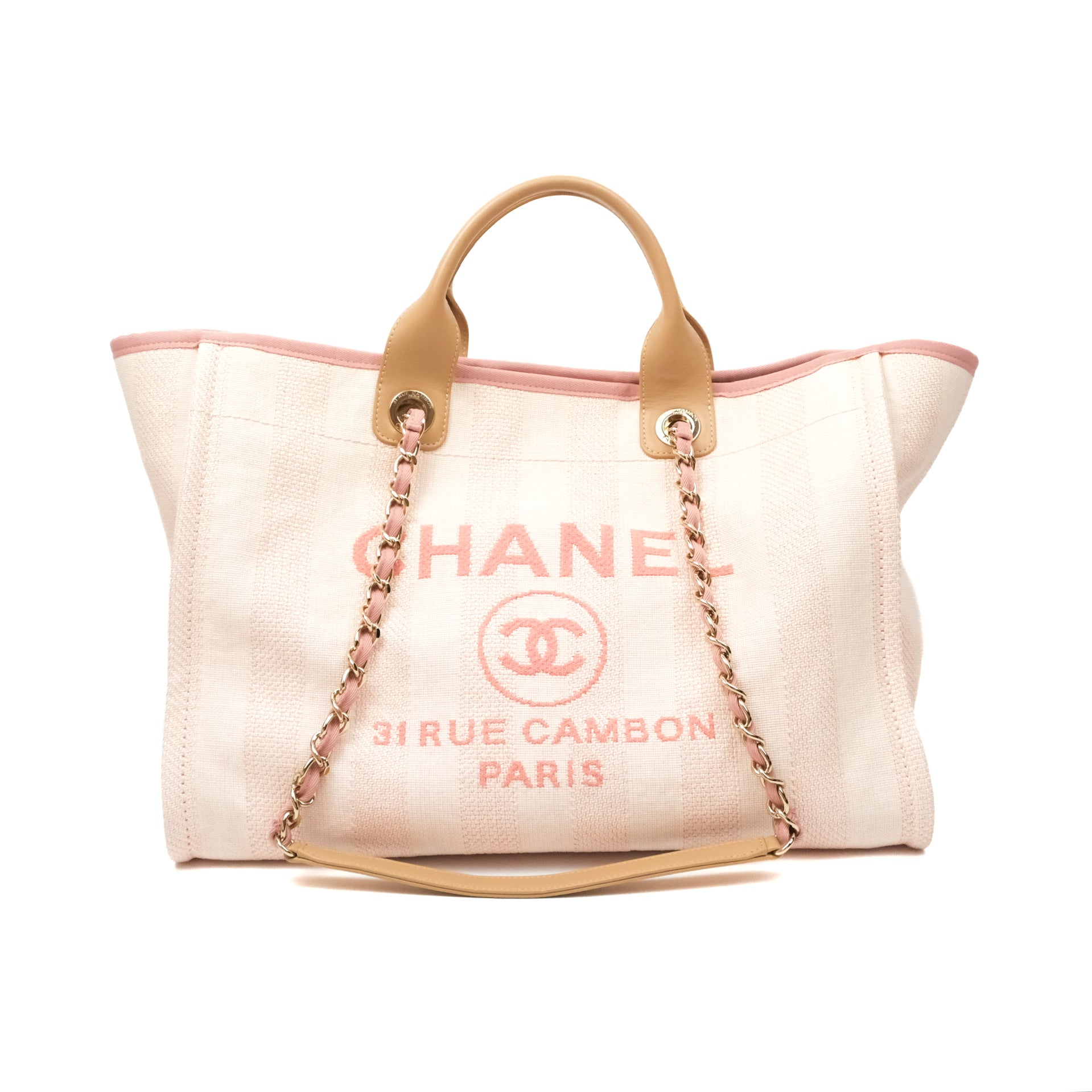 Chanel Canvas Large Deauville Tote Bag Light Pink Stripe - Luxury Designer Handbag for Women, Perfect for Travel, Shopping & Everyday Use