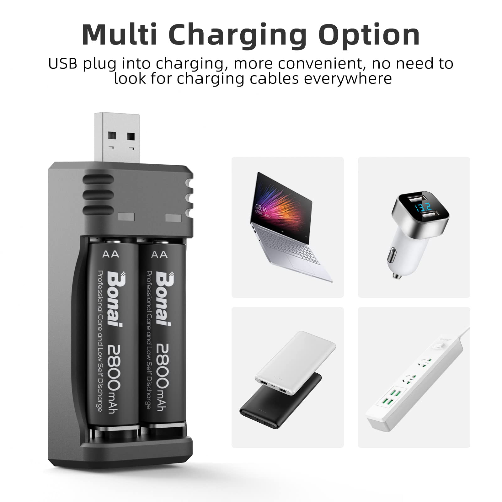 BONAI Rechargeable AA Batteries with USB Charger - 8 Pack High Capacity Ni-MH AA/AAA Batteries & Fast Charging Station - Perfect for Cameras, Toys, Flashlights, and Electronic Devices