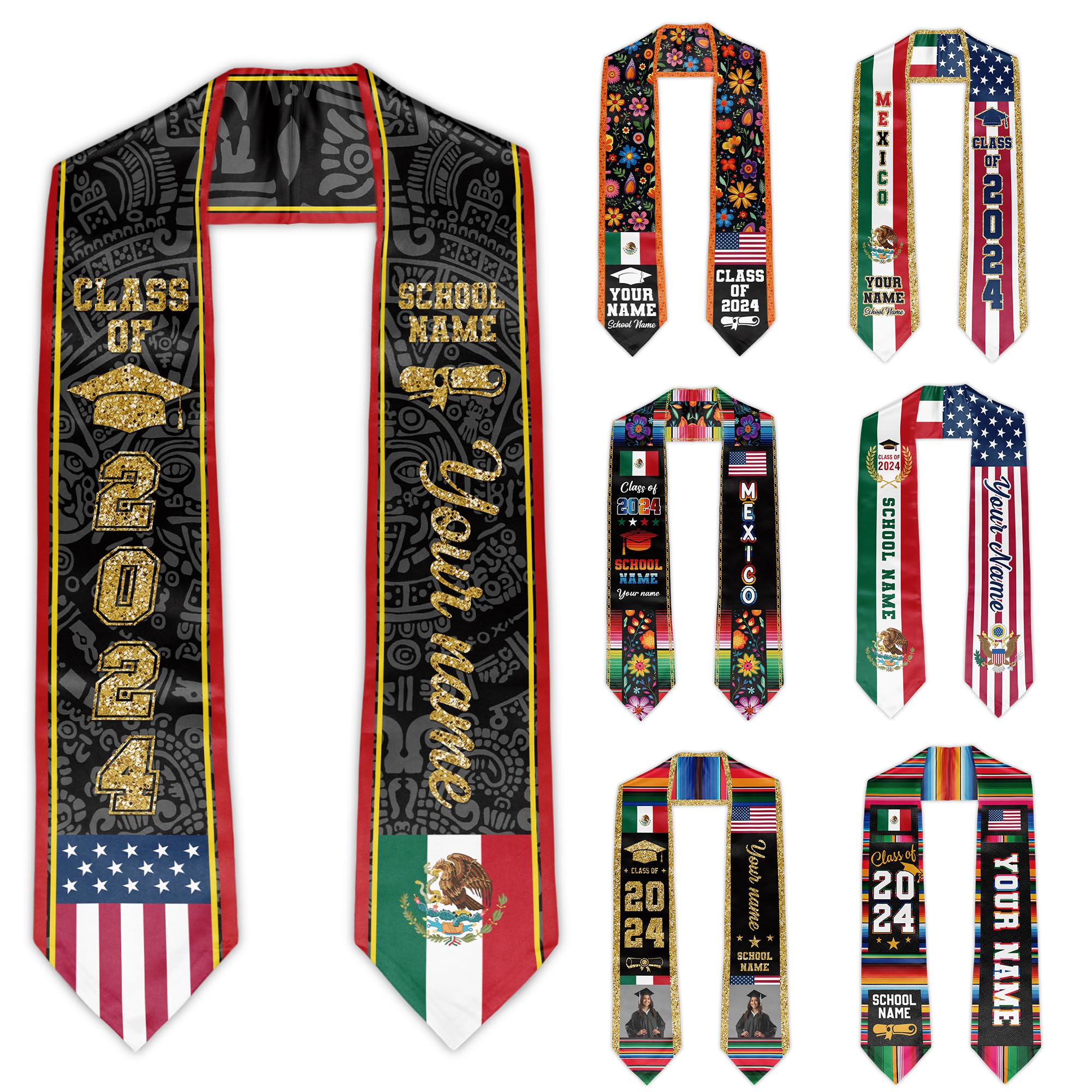 Custom Graduation Stole - Personalized Mexican American Flag Sash for Graduation Ceremony - Perfect for High School, College & University Graduates