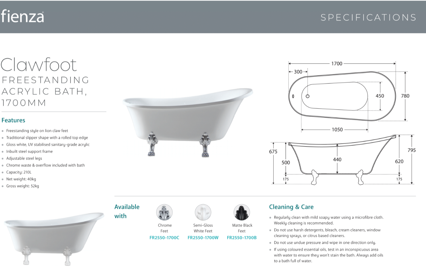 Fienza FR2550 1700B 1700mm Freestanding Acrylic Clawfoot Bathtub with Matte Black Feet - Perfect for Luxury Bathrooms & Spa Retreats