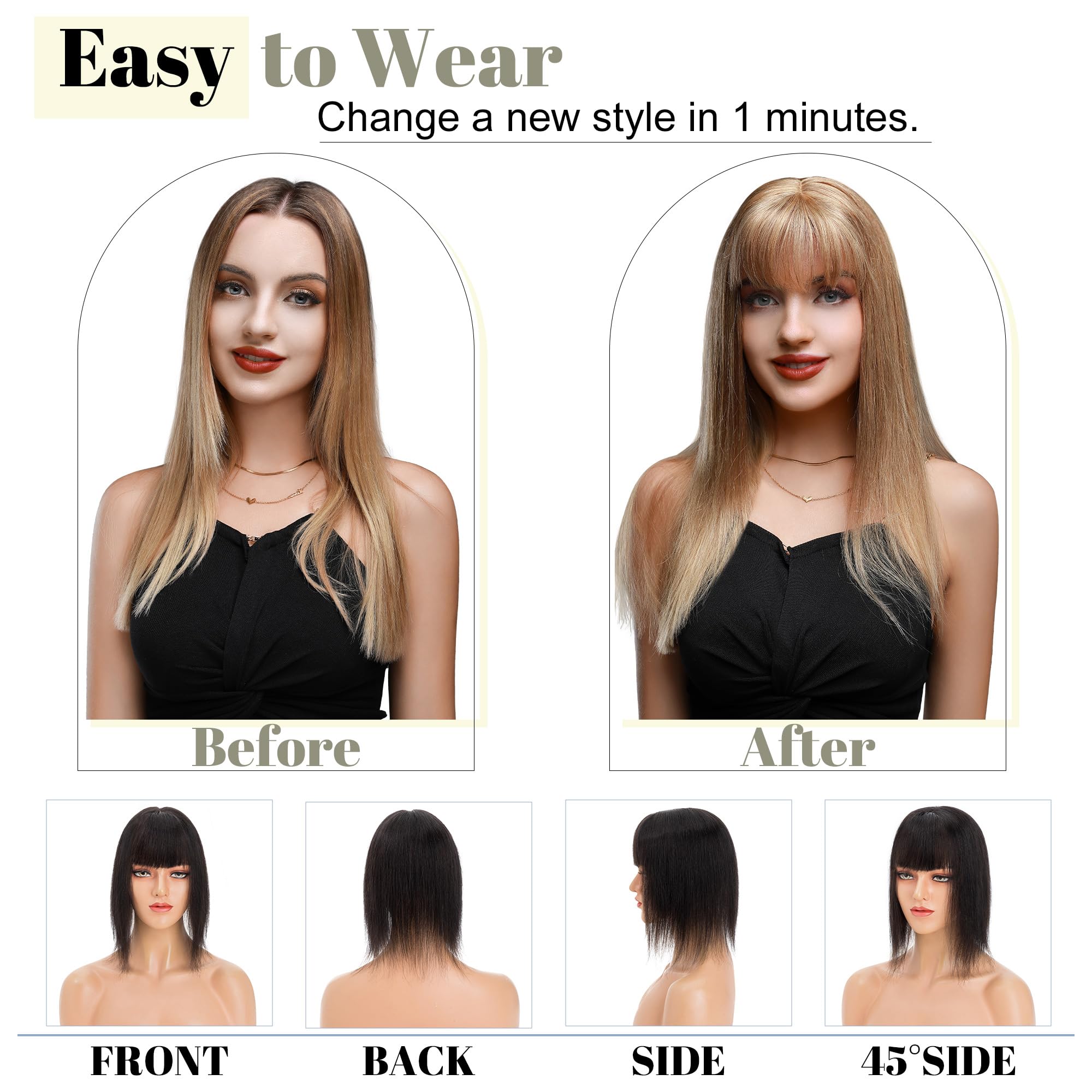 SEGO 100% Real Human Hair Toppers for Women with Bangs - 130% Density Silk Base Clip-in Top Wiglet (10x12cm, 12 Inch Natural Black) for Thinning Hair - Perfect for Daily Wear, Parties & Special Occasions