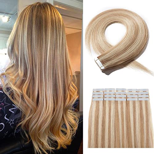 20pcs Tape in Hair Extensions 16 Inch - 100% Remy Human Hair, Balayage Ash Blonde Highlighted Bleach Blonde, Seamless Straight Double Sided (50g, #18P613) for Weddings, Parties & Daily Styling