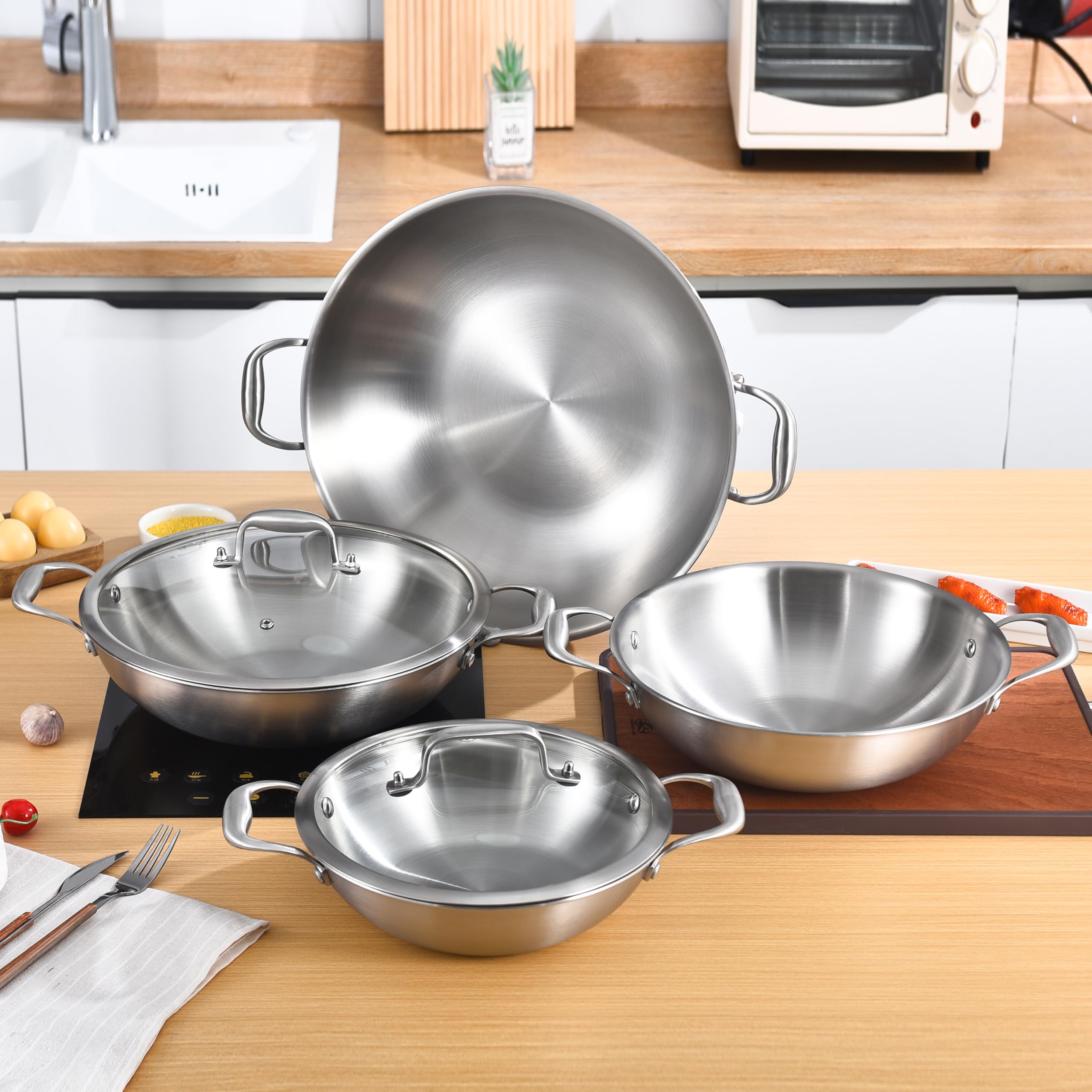 10 Inch Tri-Ply Stainless Steel Wok Pan with Lid - 2.8 Quart Deep Frying Pan for Induction Cooktop - Dishwasher & Oven Safe - Perfect for Stir-Frying, Deep Frying & Asian Cooking