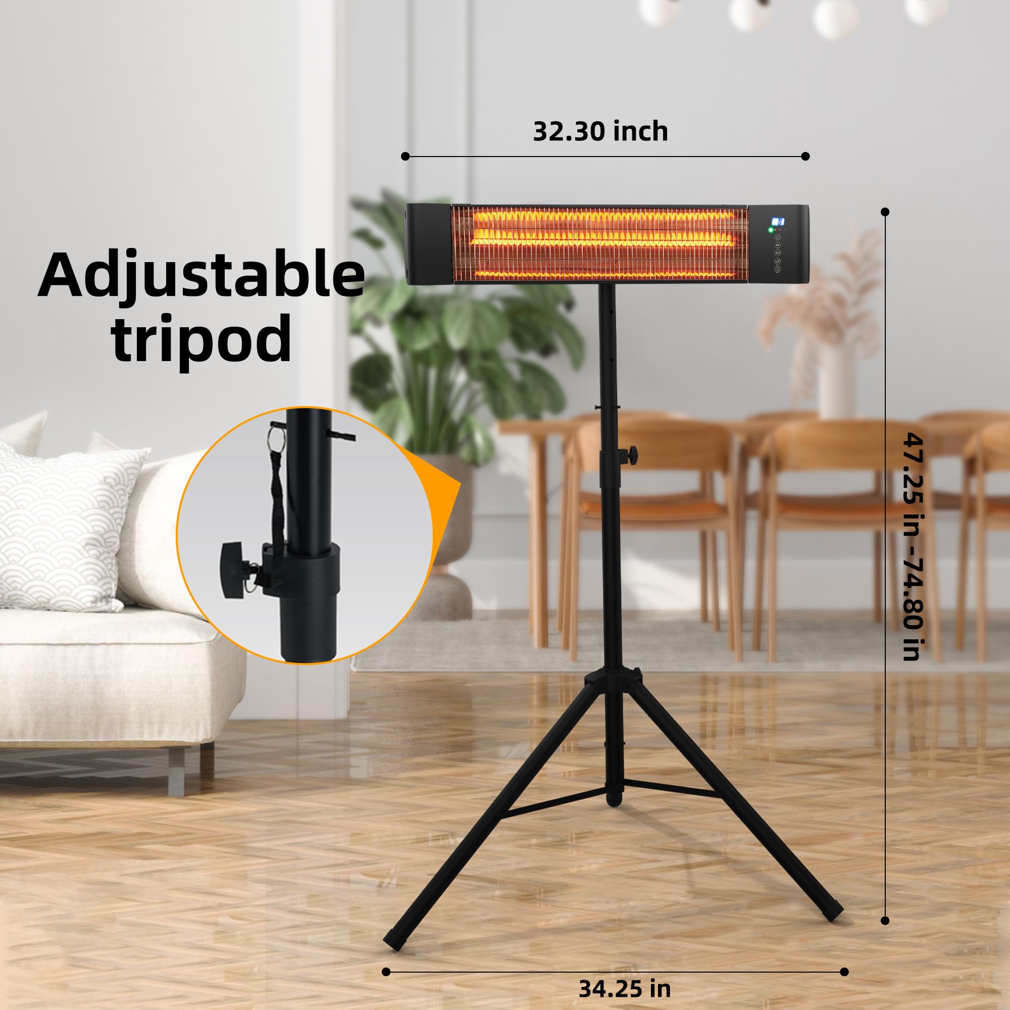 1500W Infrared Outdoor Heater - Wall Mount & Standing Patio Heater with Tripod, IP65 Waterproof & Dustproof, 3 Heat Settings & 12H Timer - Perfect for Backyard, Deck, Restaurant Outdoor Seating - WEWARM