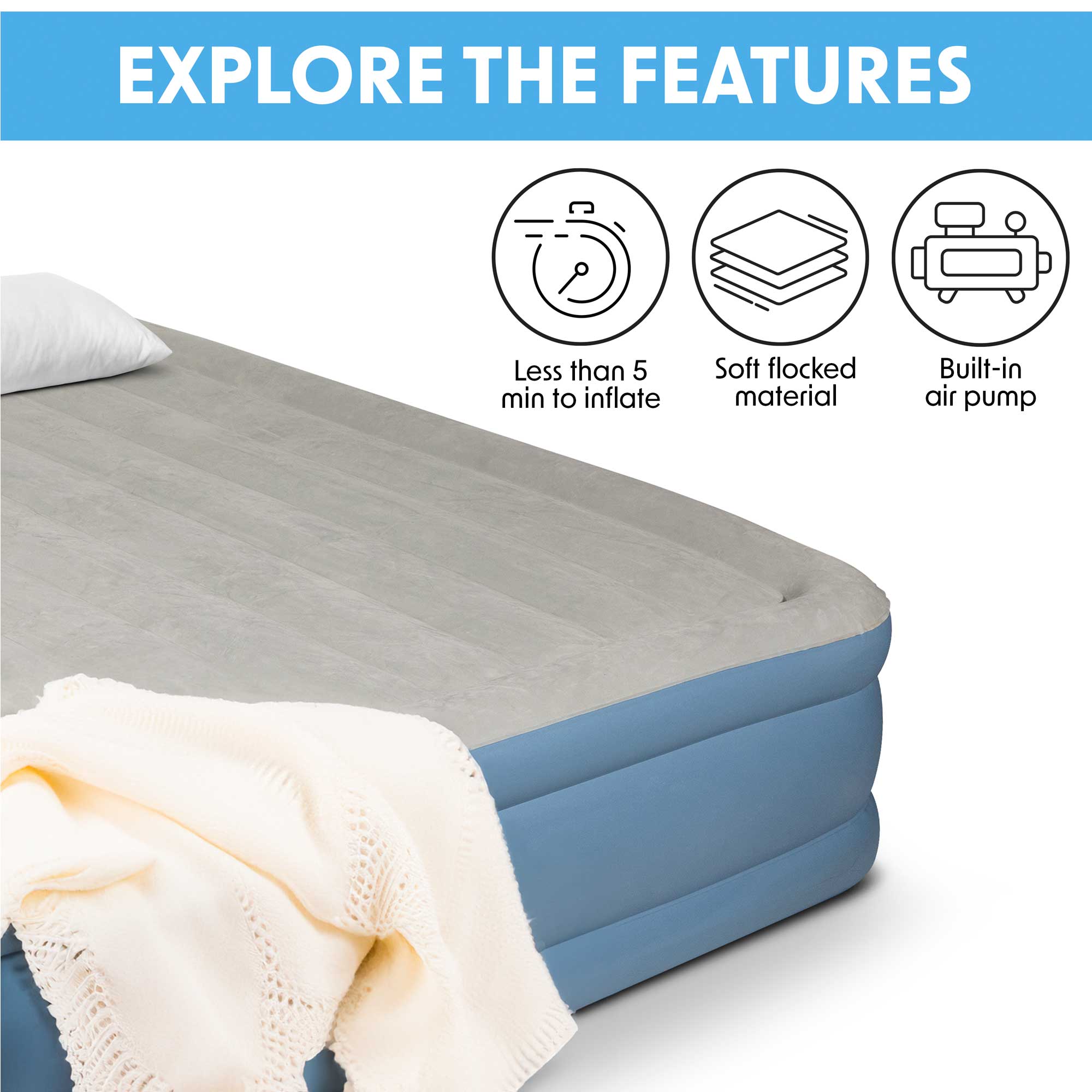 Queen Size Elevated Air Mattress with Built-In Electric Pump & Carry Bag - Portable, Comfortable for Camping, Guest Beds & Home Use - DL147