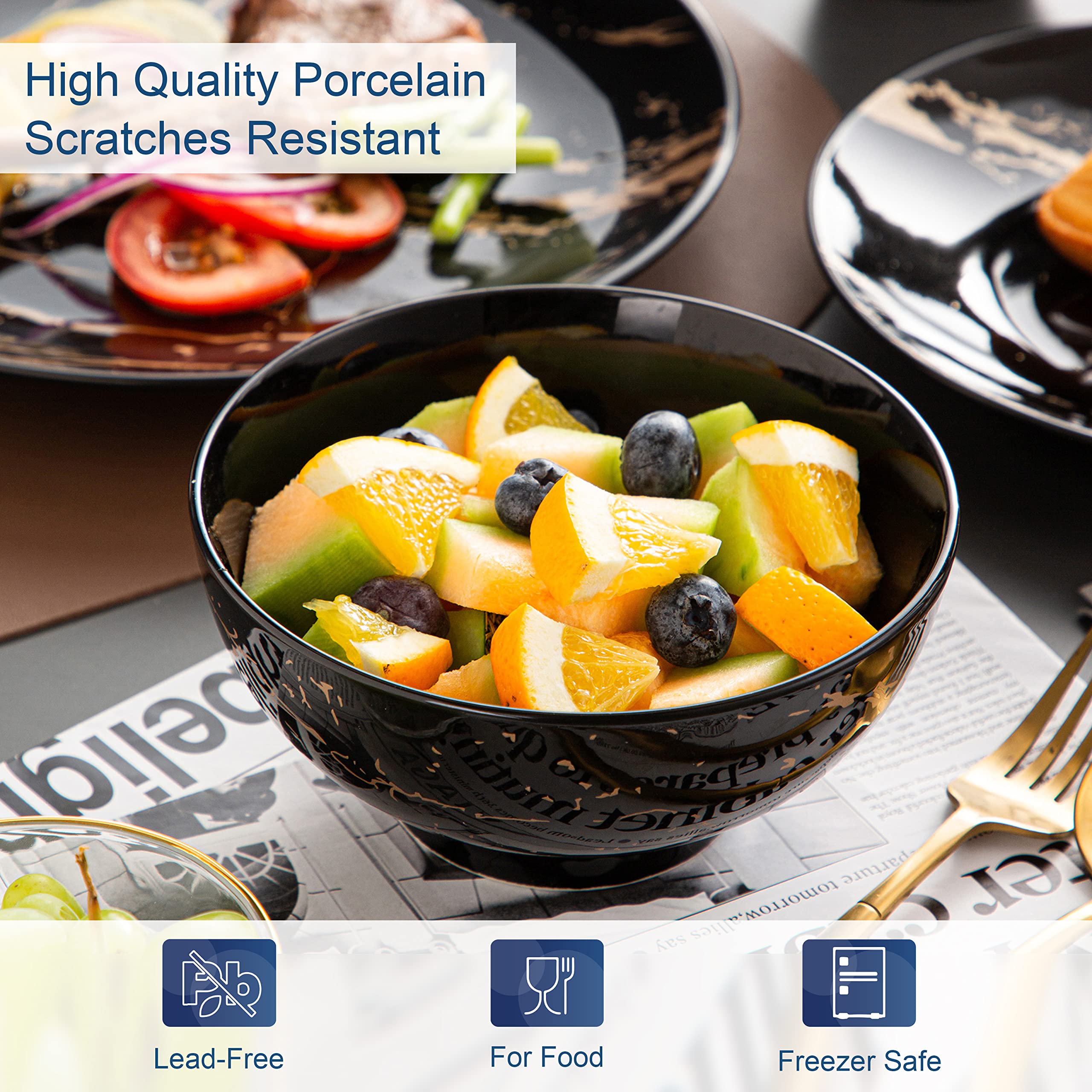 LOVECASA 32-Piece Black Porcelain Dinnerware Set for 8 - Gold Splash Glaze Round Plates, Bowls & Mugs - Modern Dish Set - Dishwasher & Microwave Safe - Perfect for Family Dinners, Dinner Parties & Restaurant-Style Dining