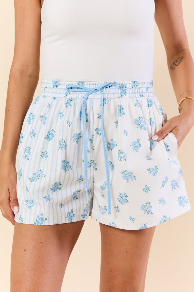 Blooming Lines Striped & Floral Cotton Poplin Shorts for Women - Summer Casual Shorts with Pockets, Perfect for Beach Vacation, Travel and Everyday Wear