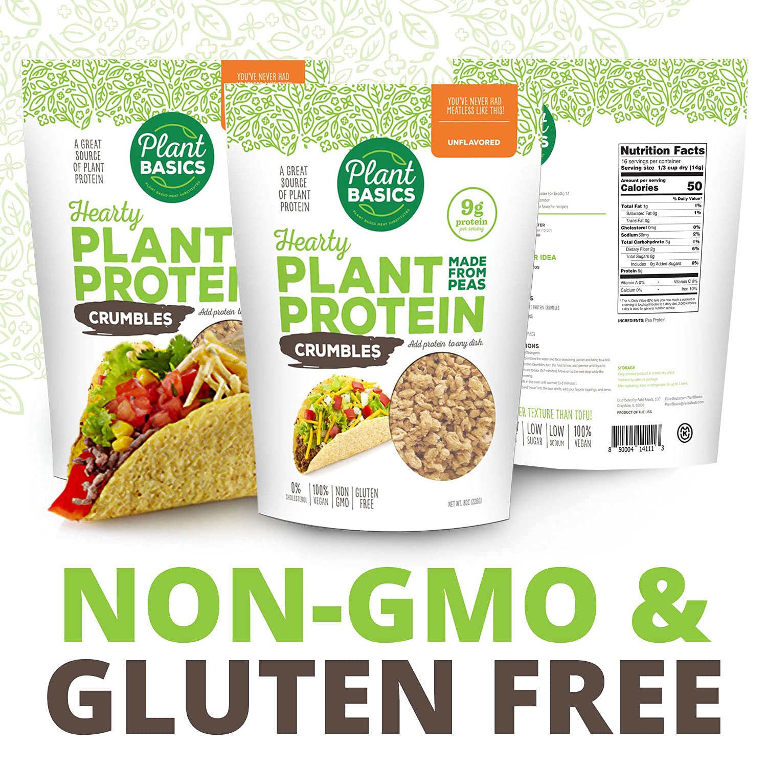 Hearty Plant Protein Crumbles - Unflavored, 8 oz (Pack of 6) | Pea-Based, Non-GMO, Gluten-Free, Low Fat & Sodium | Vegan Meat Substitute for Burgers, Tacos & Pasta Dishes