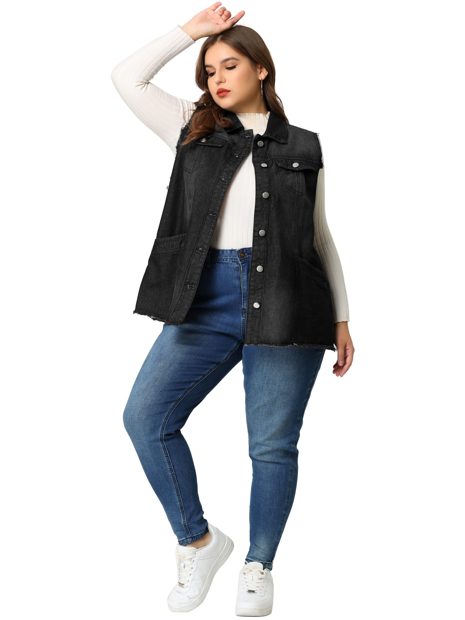 Agnes Orinda Women's Plus Size Denim Jacket 2025 - Button Front Lapel Frayed Washed Sleeveless Long Jean Vest | Casual Outfits, Streetwear & Layering Essential