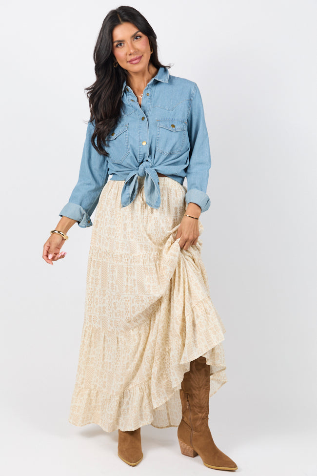 Elegant Ivory and Beige Printed Maxi Skirt for Women | Flowy Boho Beach Skirt | Perfect for Summer Vacations, Music Festivals & Casual Outings
