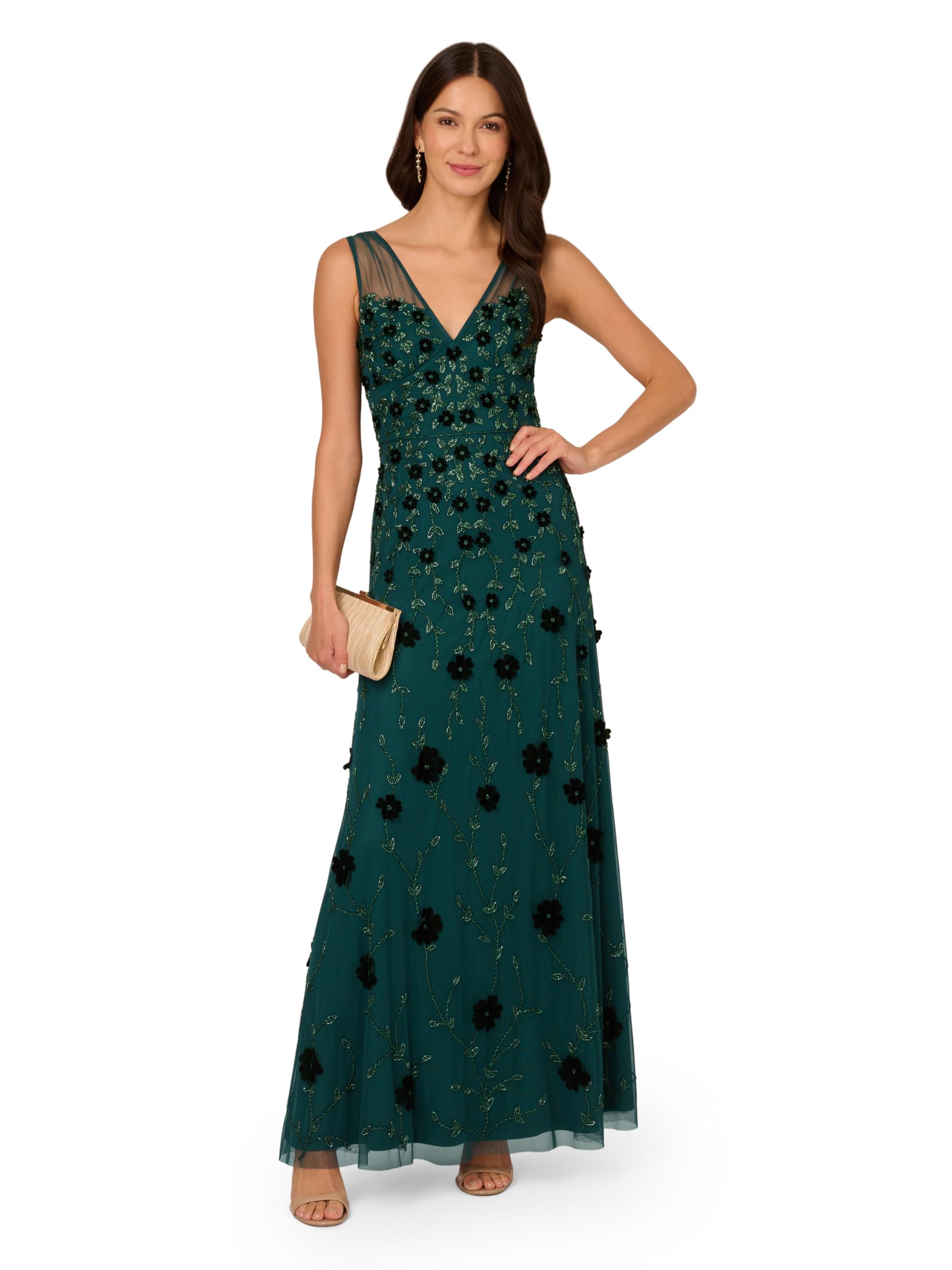 Adrianna Papell Women's Beaded Mesh Illusion Dress - Elegant Evening Gown for Parties, Weddings & Special Occasions