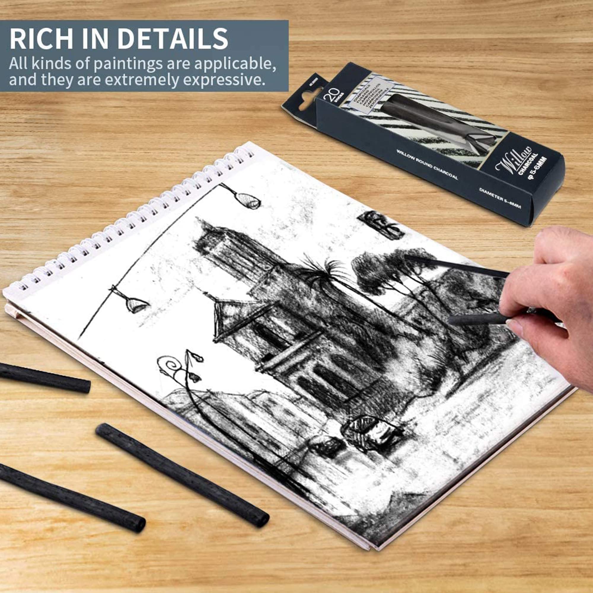 Willow Charcoal Sticks for Drawing - 60 Pieces Artist Charcoal Pencils (2-6mm Diameter) - Perfect for Sketching, Shading & Fine Art | Ideal for Beginners & Professionals