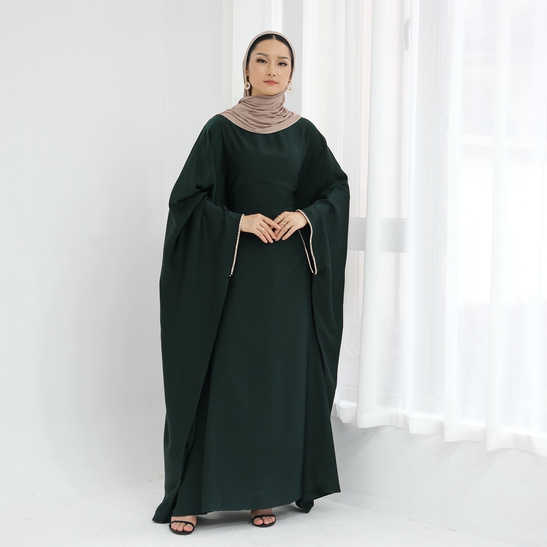 Davina Butterfly Satin Abaya Emerald Green - Elegant Muslim Prayer Dress for Women | Perfect for Eid, Ramadan & Special Occasions