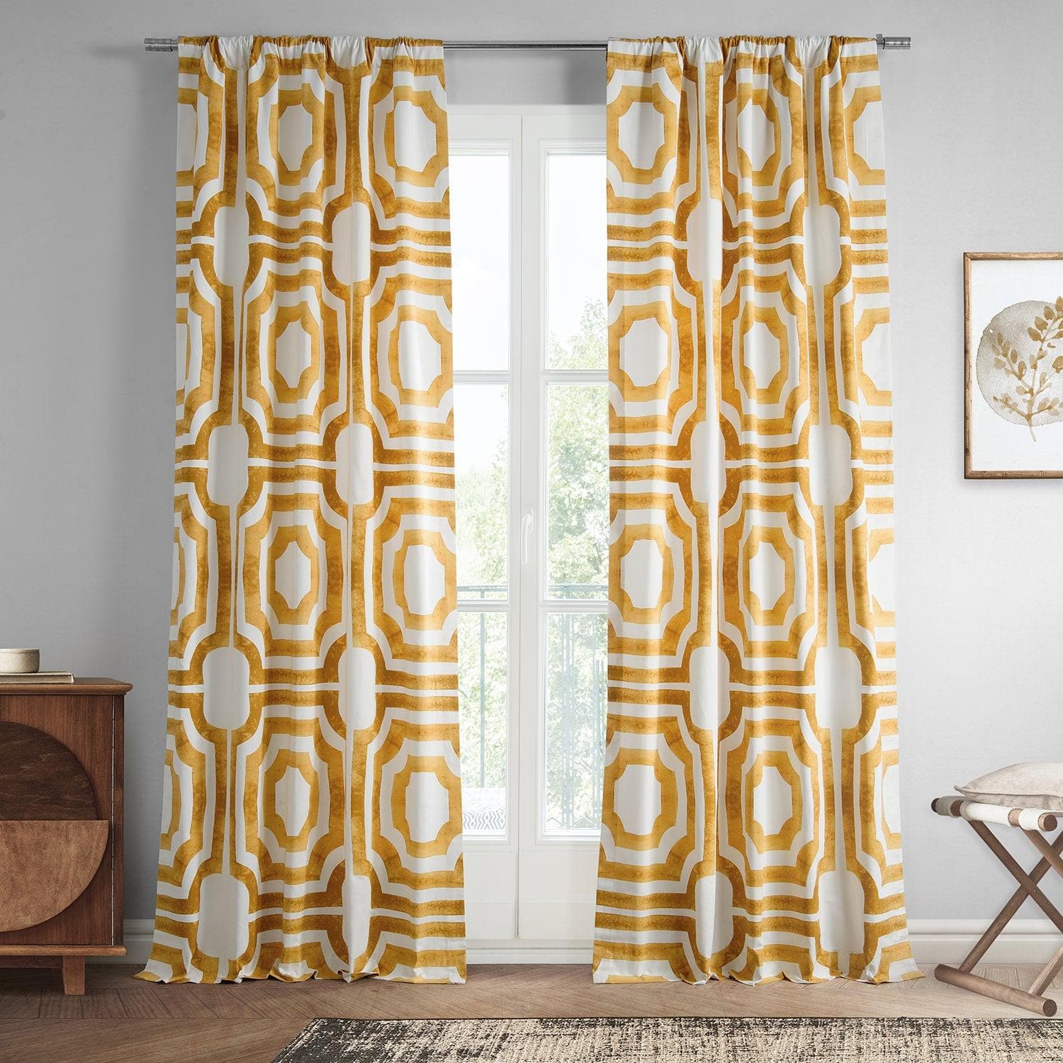 Mecca Gold Geometric Printed Cotton Blackout Curtains for Bedroom & Living Room - Stylish Window Treatment for Light Blocking & Privacy